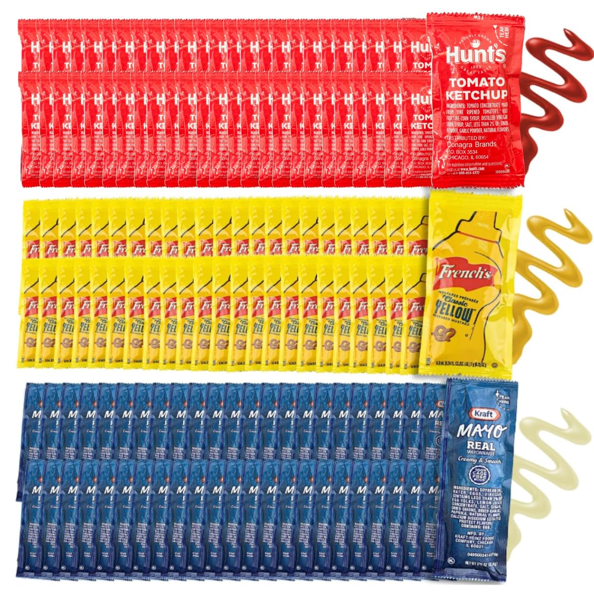 Chronos Condiment 150 Bundle Pack - 50 Single Serve Pouches Of Each: Ketchup, Mustard, And Mayo - 150 Pack, Great For Picnics, B