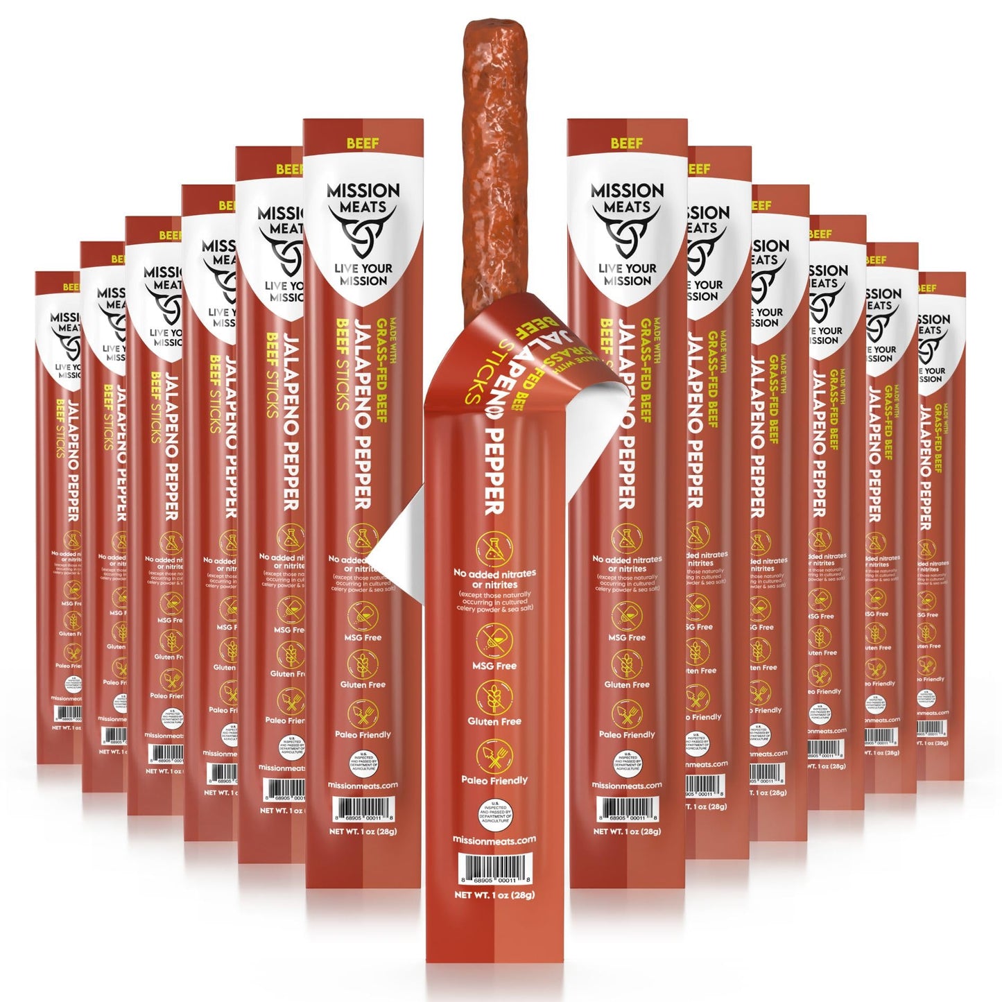 Mission Meats Beef Snack Sticks, Keto, Sugar Free, Grass-Fed, Non-GMO, Gluten Free, Jalapeno, 1 Ounce (72 Pack)