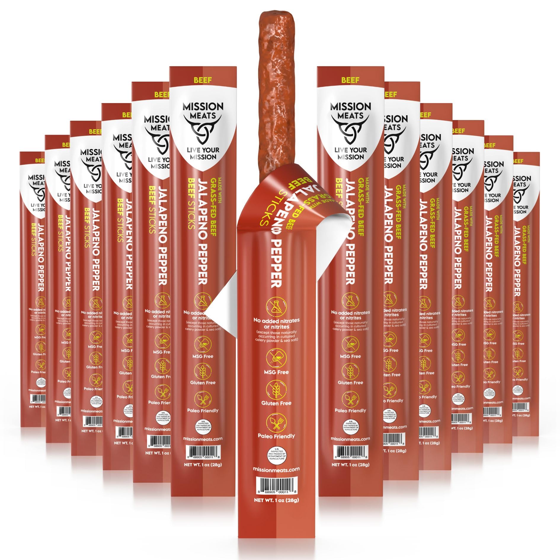 Mission Meats Beef Snack Sticks, Keto, Sugar Free, Grass-Fed, Non-GMO, Gluten Free, Jalapeno, 1 Ounce (72 Pack)