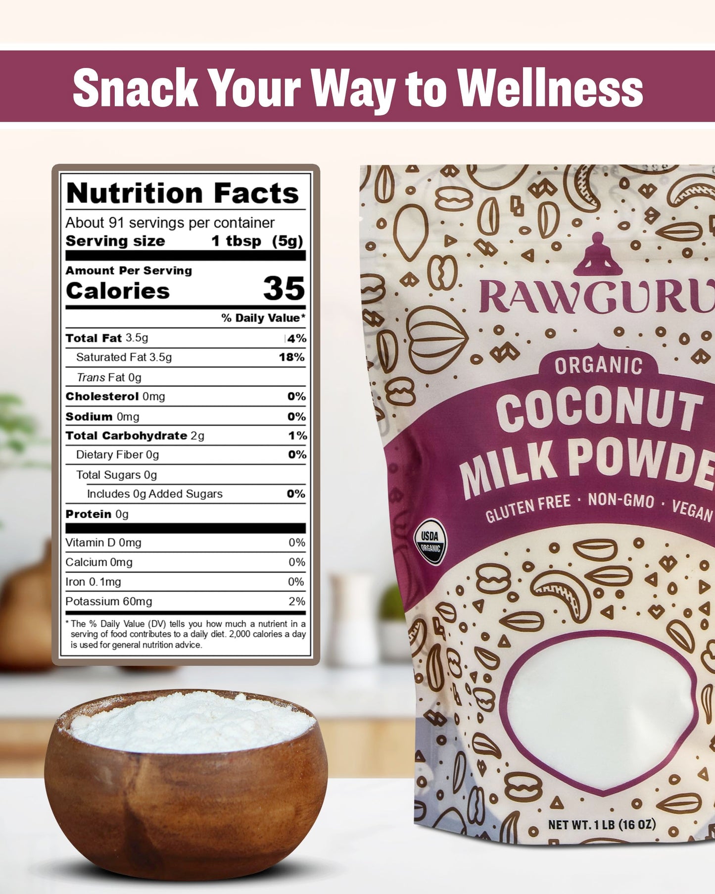 RawGuru Organic Coconut Milk Powder - Vegan & Nutrient-Dense Powder with Iron & Potassium - Rich & Creamy Organic Milk for Drink