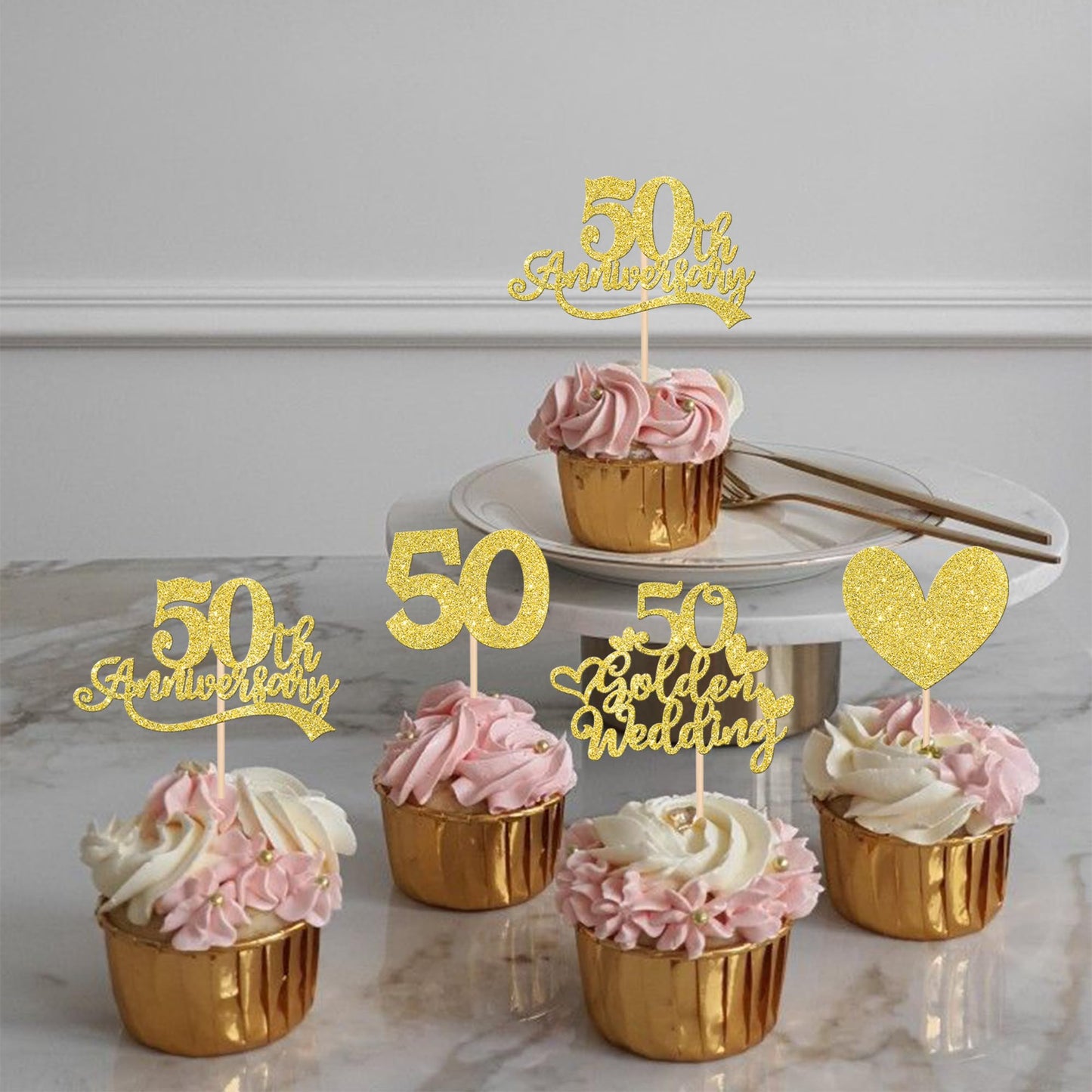 24 Pcs 50Th Anniversary Cupcake Toppers Gold Glitter Heart 50 Golden Wedding Anniversary Cupcake Picks For Cheers To 50 Years Bl