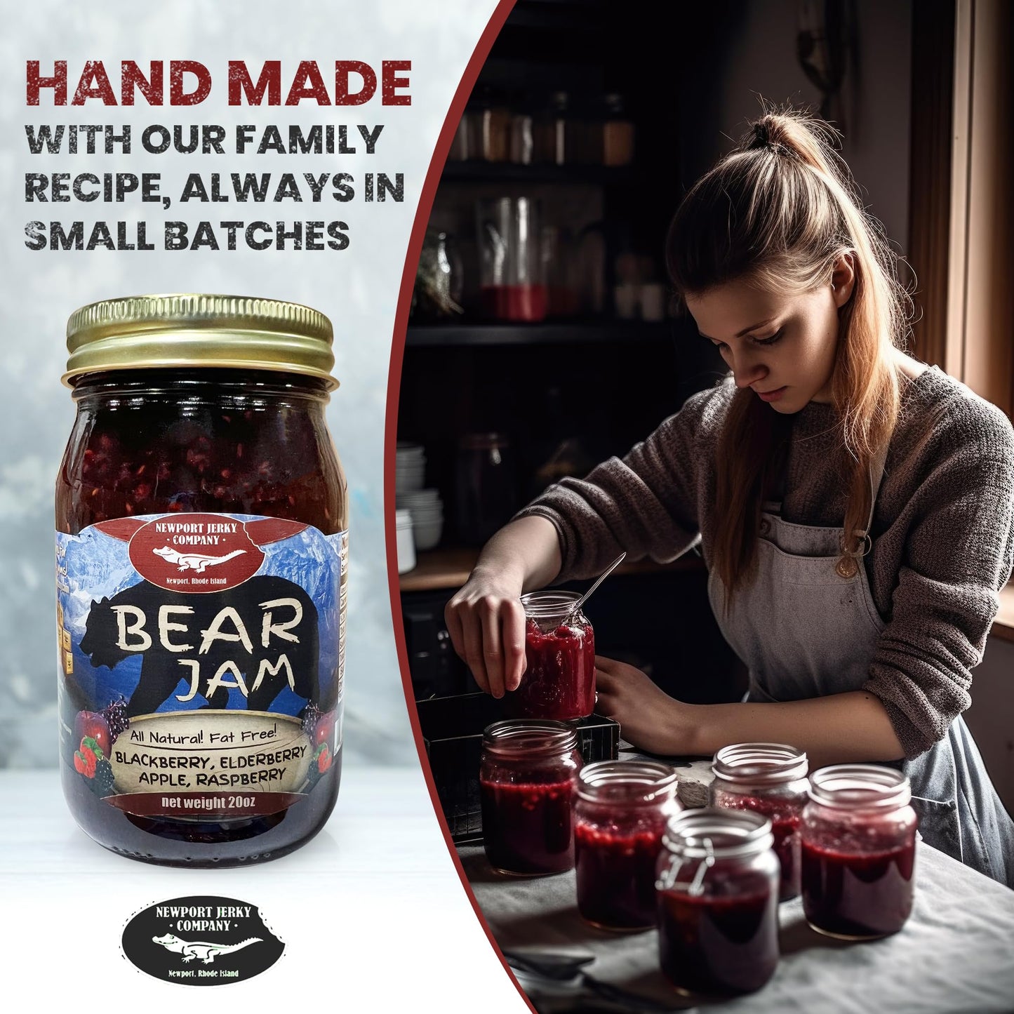 Newport Jerky Company Bear Jam - 16 Oz All-Natural Fruit Spread With Blackberries, Elderberries, Apples & Raspberries - Handmade