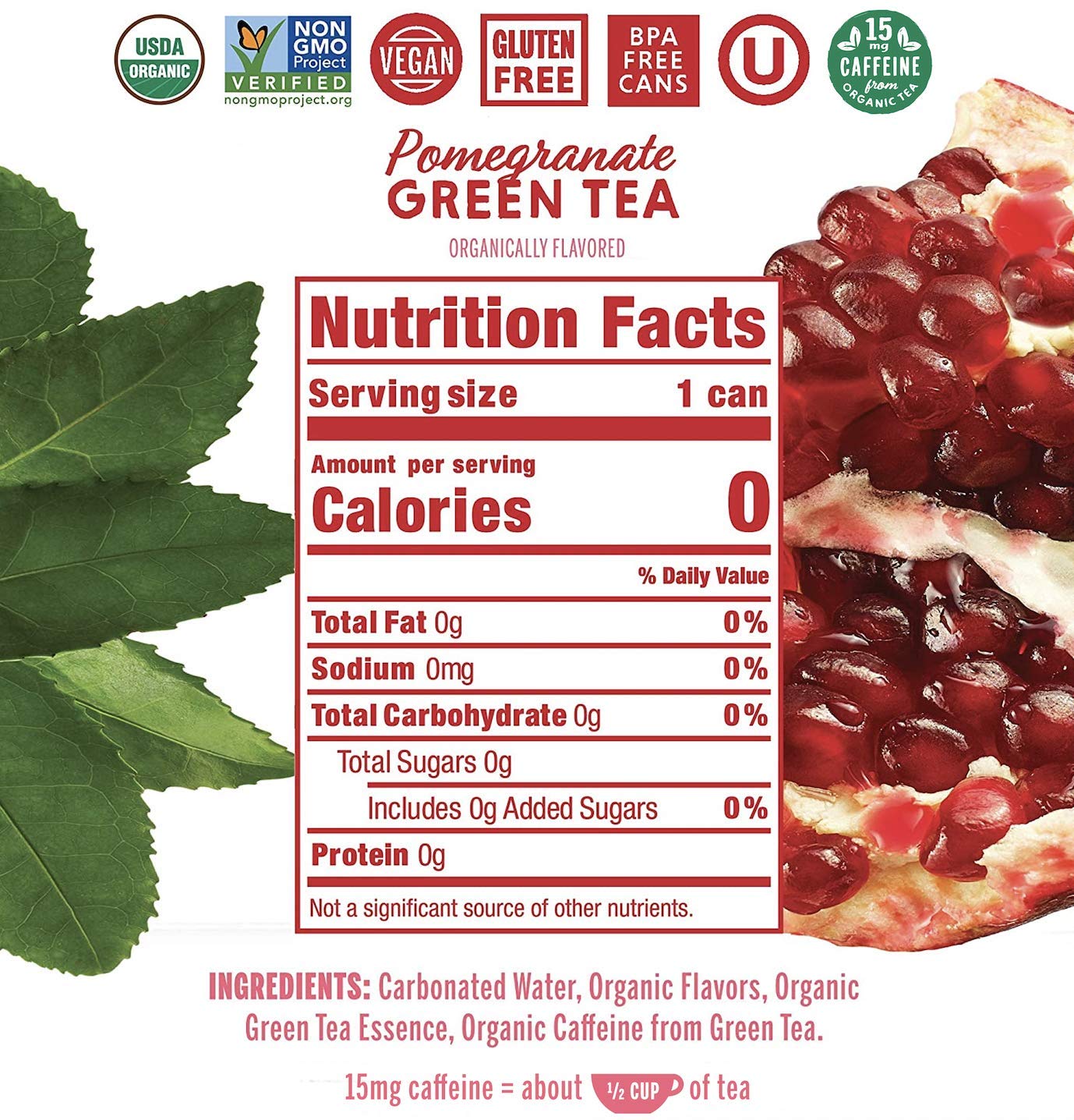 Nixie Sparkling Water, Pomegranate Green Tea, Lightly Caffeinated (15mg) | 12 fl oz cans, 24 pack | Organic, Vegan, Non-GMO, Glu