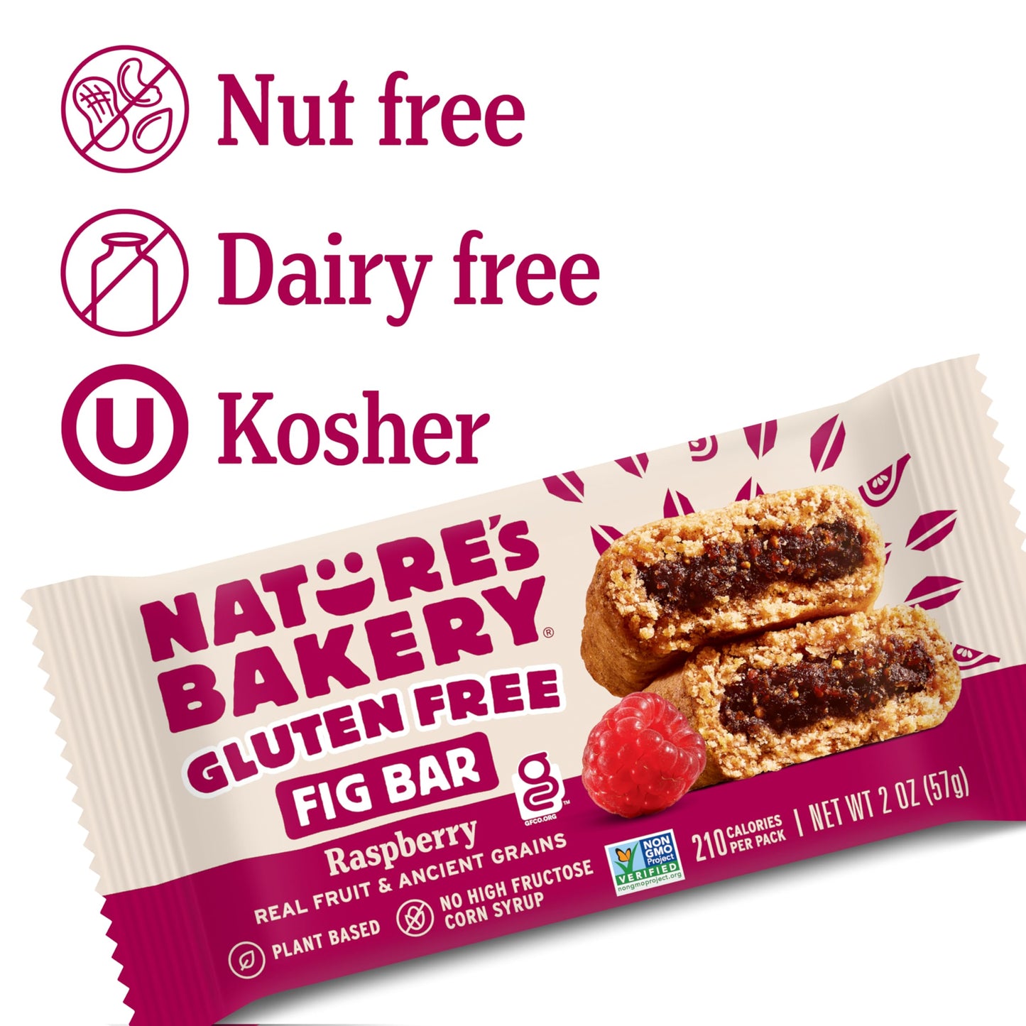 Natures Bakery Gluten Free Fig Bar, Raspberry, Plant-Based, Vegan Friendly, Kosher, Non-GMO, 2 Ounce (Pack of 12)