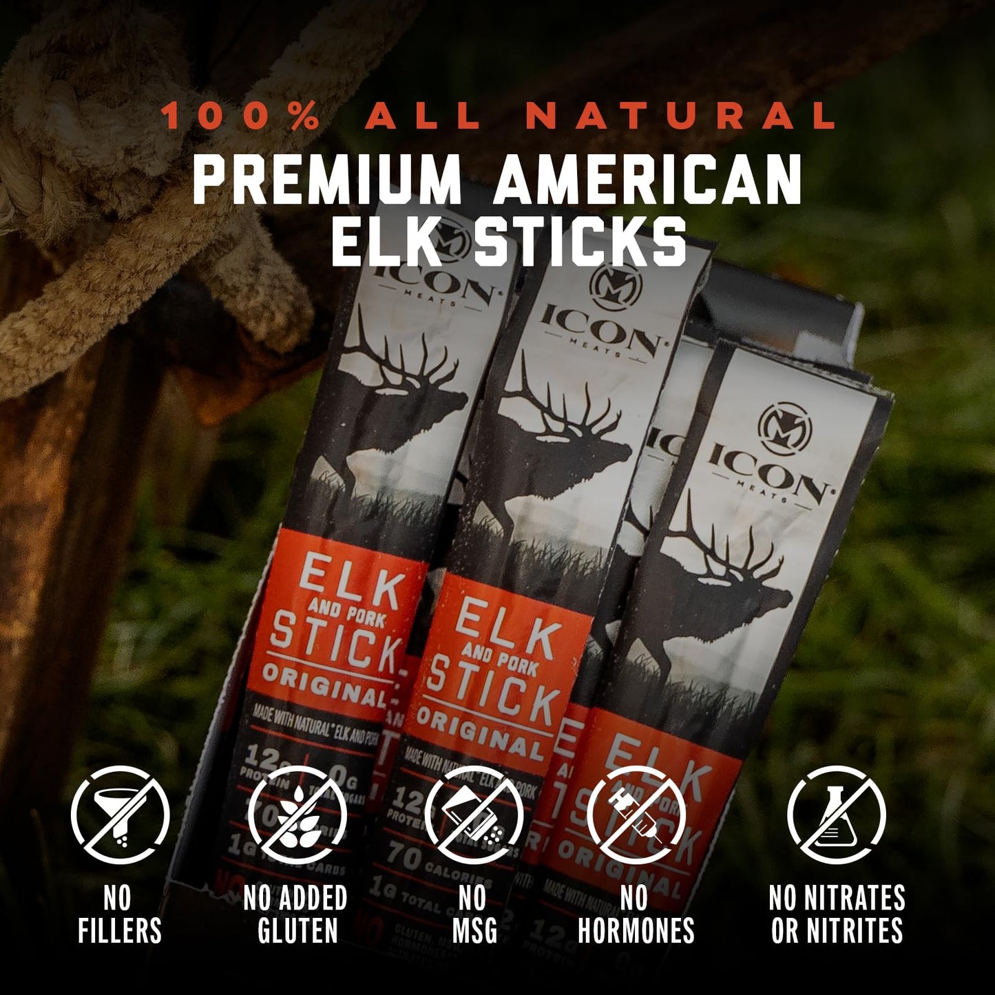 ICON Elk and Pork Snack Sticks - Original Flavor - 24 Pack - High Protein, Low Calorie, Sugar Free, USDA Approved