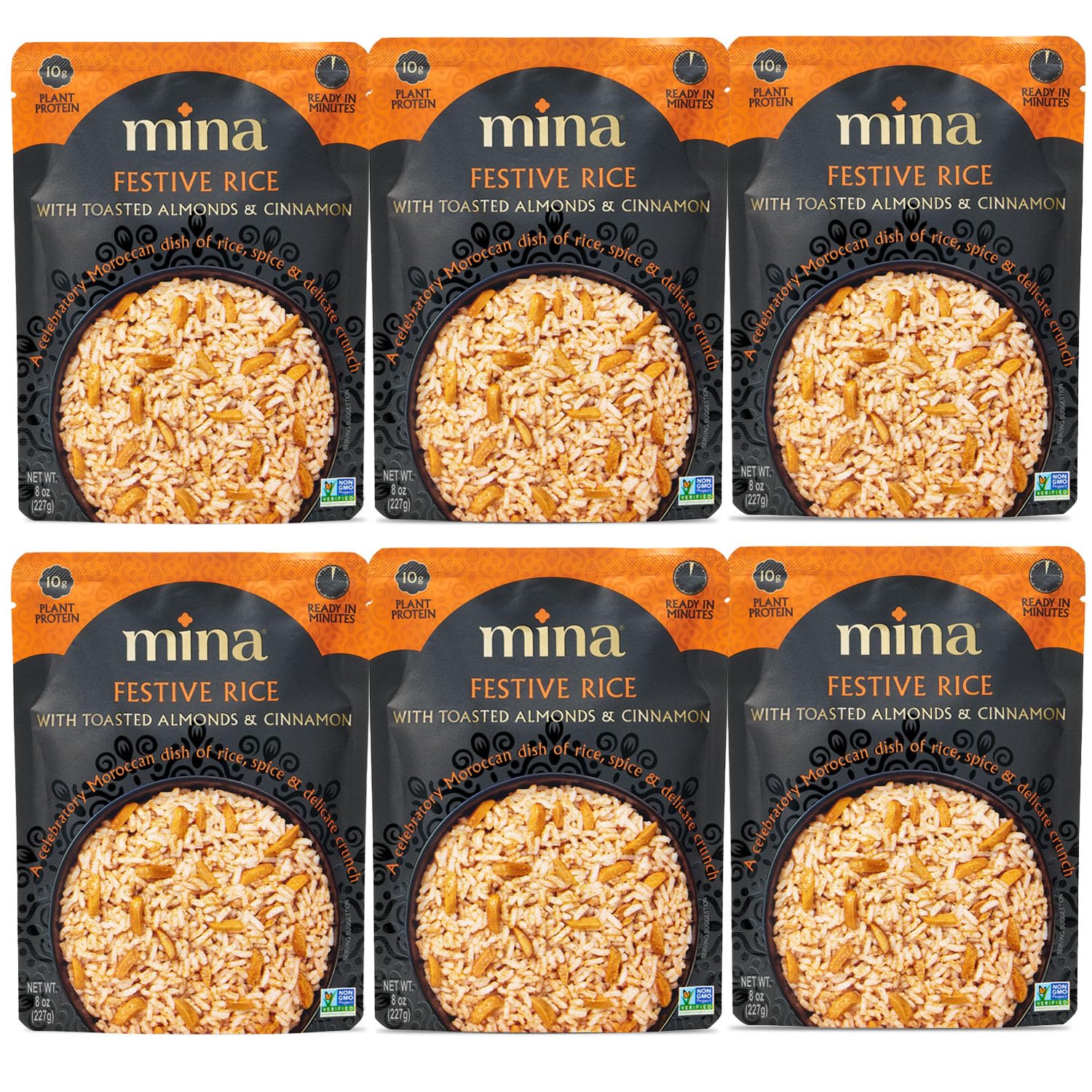 Mina Festive Rice, With Toasted Almonds & Cinnamon, Ready to Eat, Brown Rice, Side Dishes, Microwave Rice, Vegan Protein, Non-GM