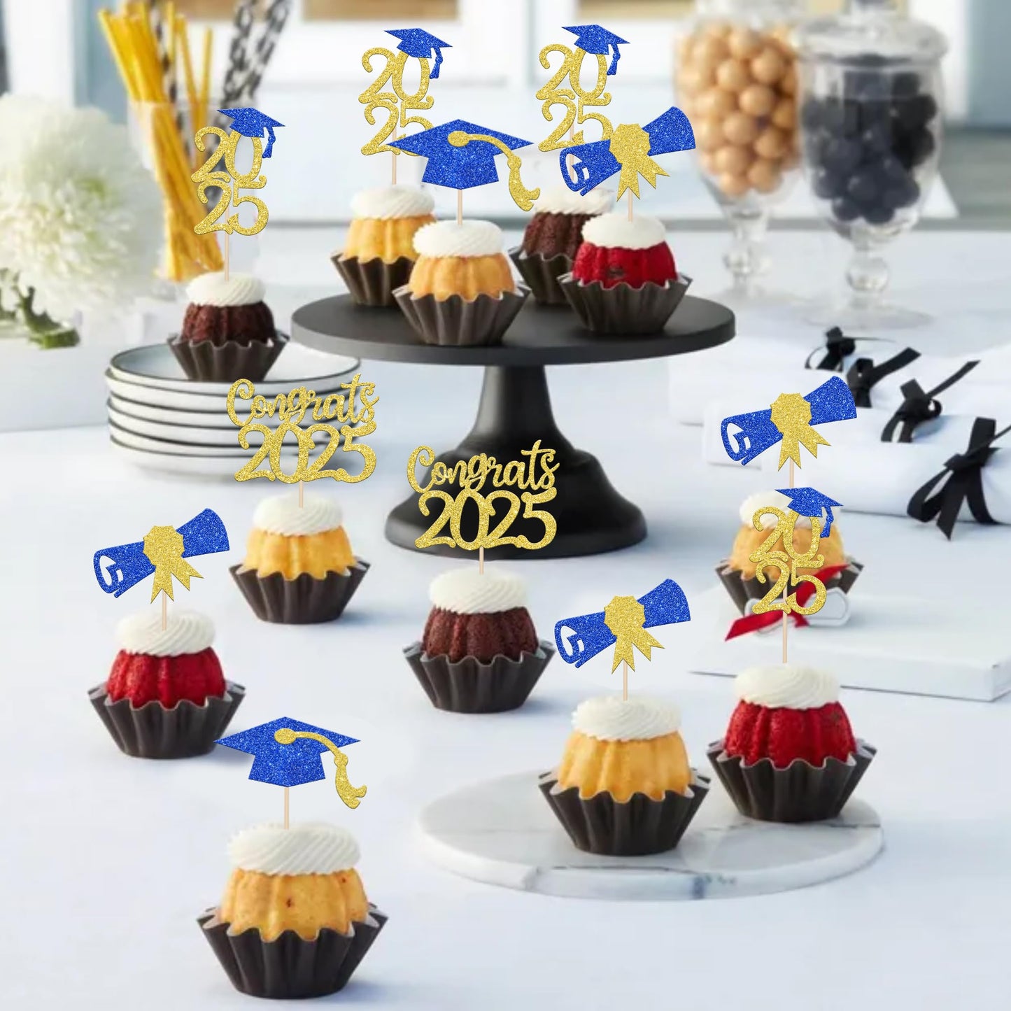 24 Pcs 2025 Graduation Theme Cupcake Toppers Blue Gold Glitter Class Of 2025 Cupcake Picks Diploma Grad Cap Cake Decorations For