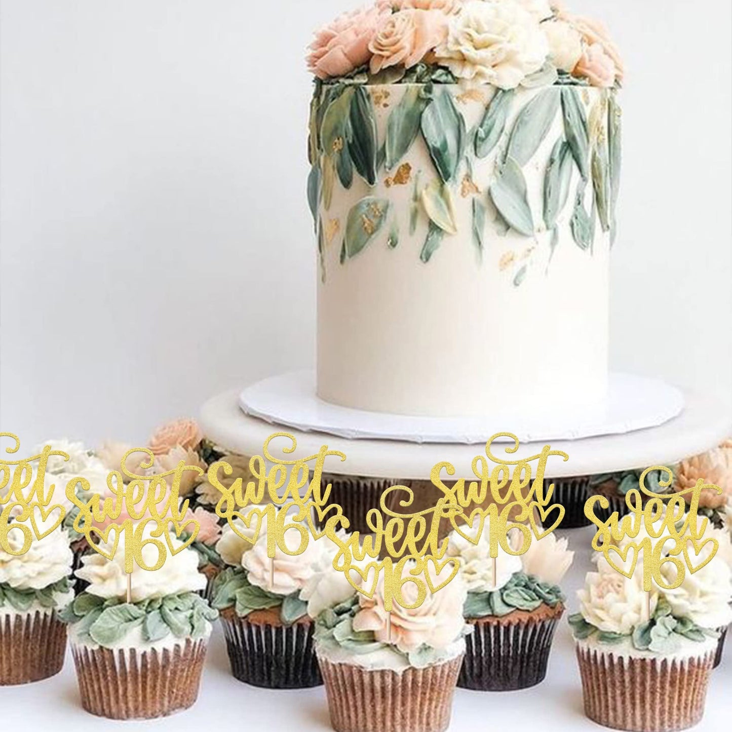 YCTHUNFISH 24 Pack Cupcake Toppers Glitter for 16th Birthday, Bamboo Material, Gold Color