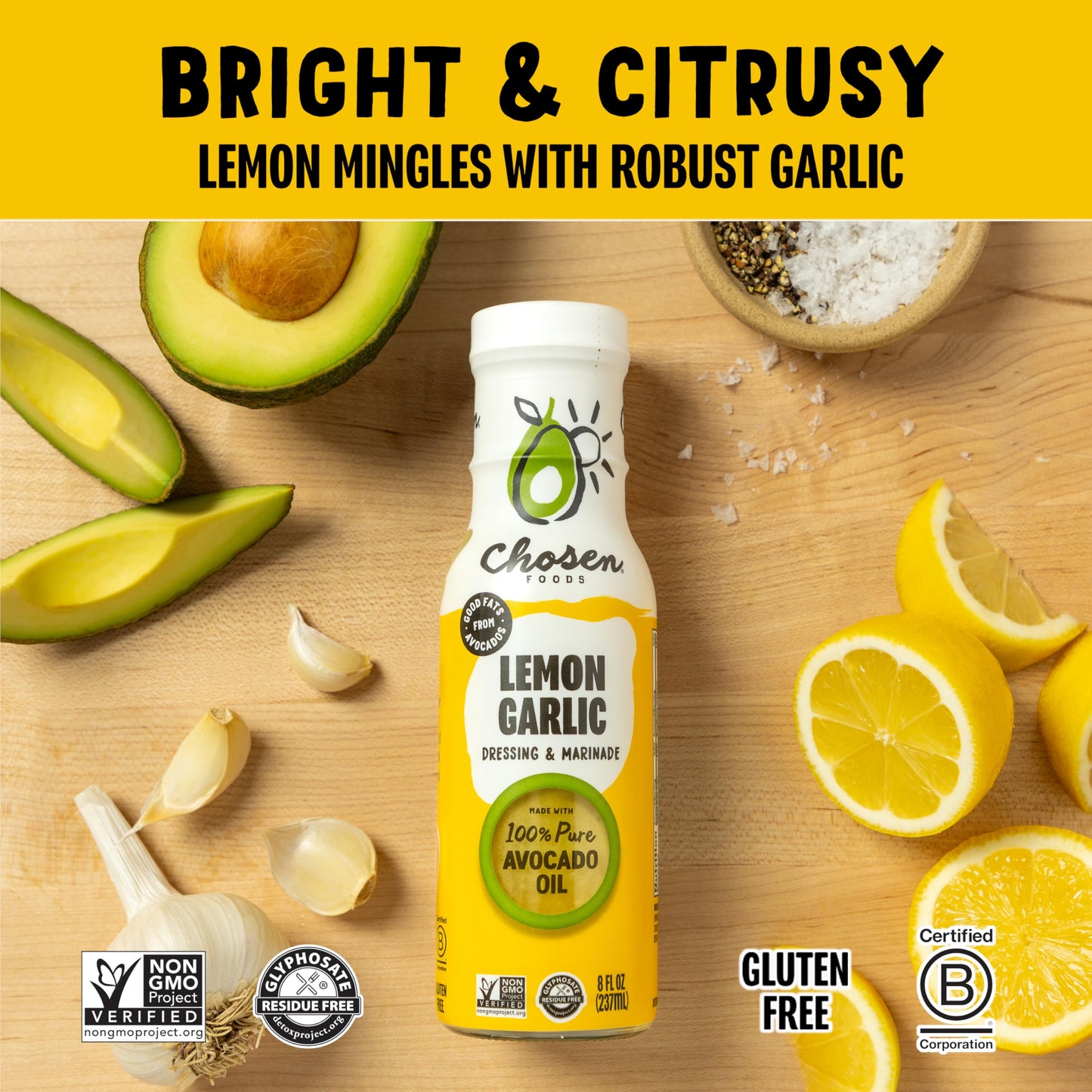 Chosen Foods Avocado Oil-Based Lemon Garlic Salad Dressing And Marinade, Keto Diet Friendly, Gluten & Dairy Free, Low-Carb Sauce (8 Oz)