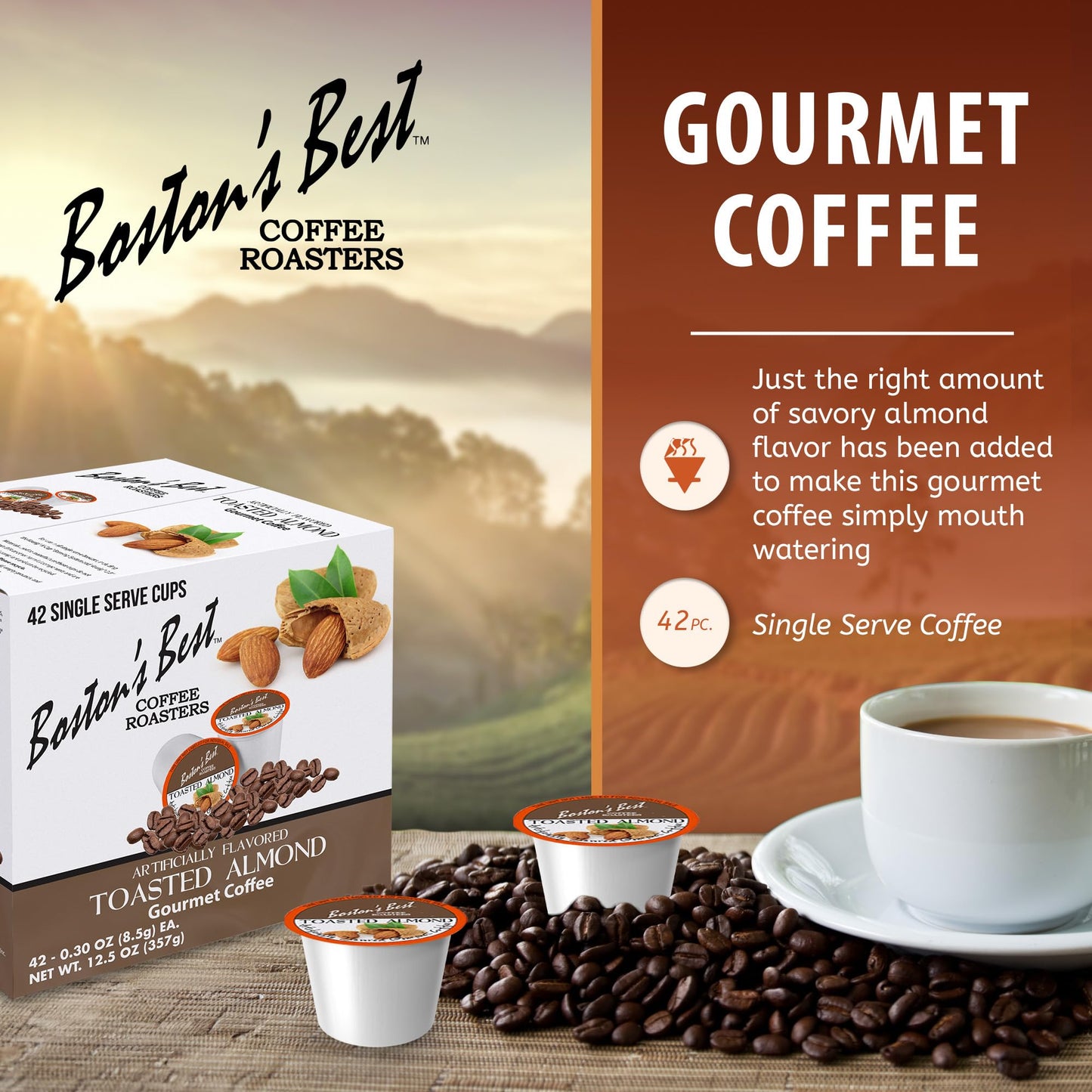 Bostons Best Gourmet Coffee - Toasted Almond Flavor, Compatible with Keurig, 42 Single Serve Medium Roast Cups