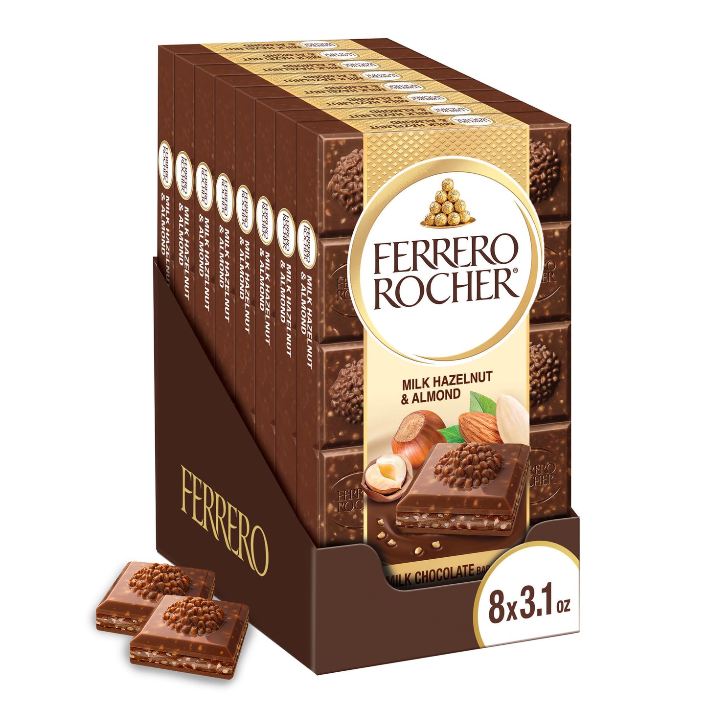 Ferrero Rocher Premium Chocolate Bars, 8 Pack, Milk Chocolate Hazelnut & Almond, Luxury Chocolate, Individually Wrapped Holiday Treats, 3.1 Oz Each