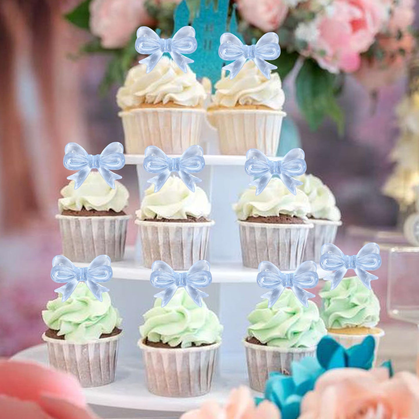 YCTHUNFISH 30 Pack Pink Bow Cupcake Toppers Paper Bowknot for Birthday Party, Wedding, Bridal Shower, Blue
