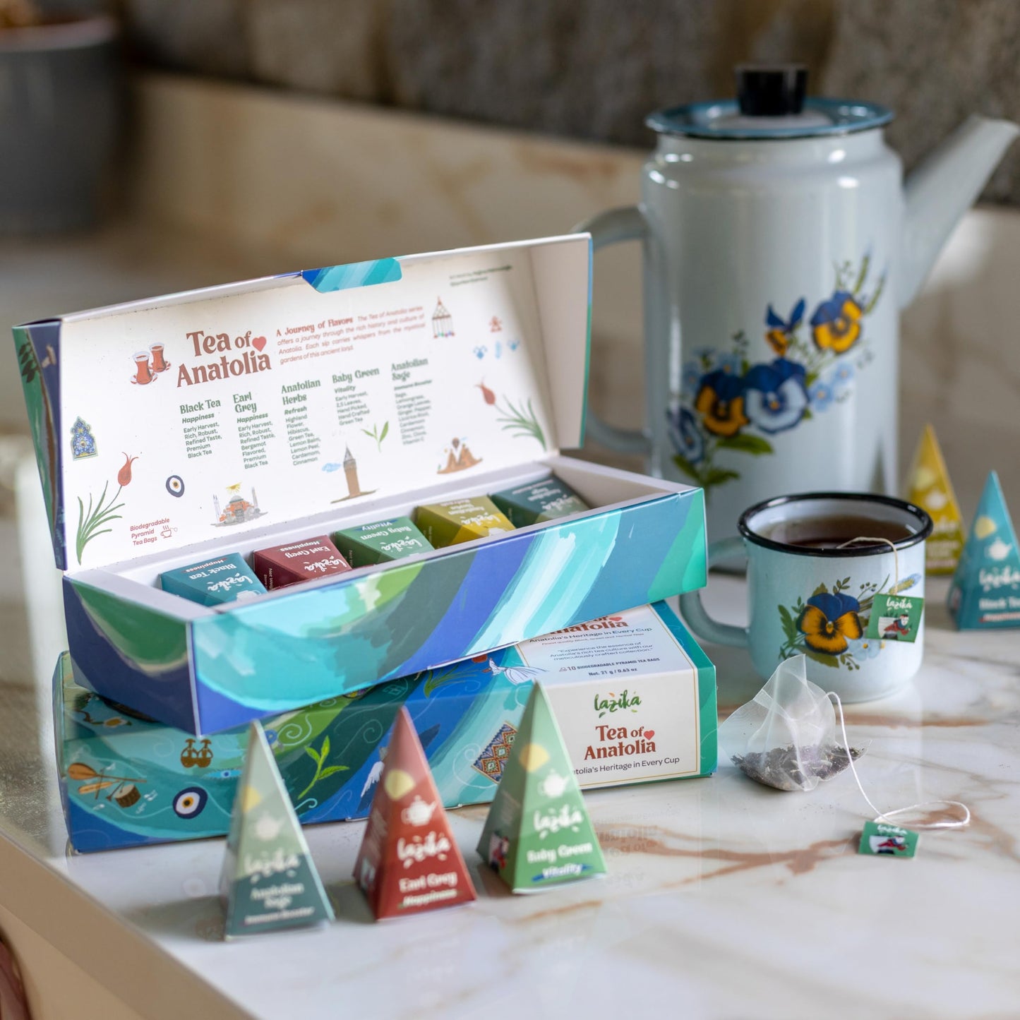 LAZIKA Tea Variety Pack - Black, Green, Herbal Tea Sampler Gift Set, 10 Count, Premium Collection with Pyramid Infuser Bag