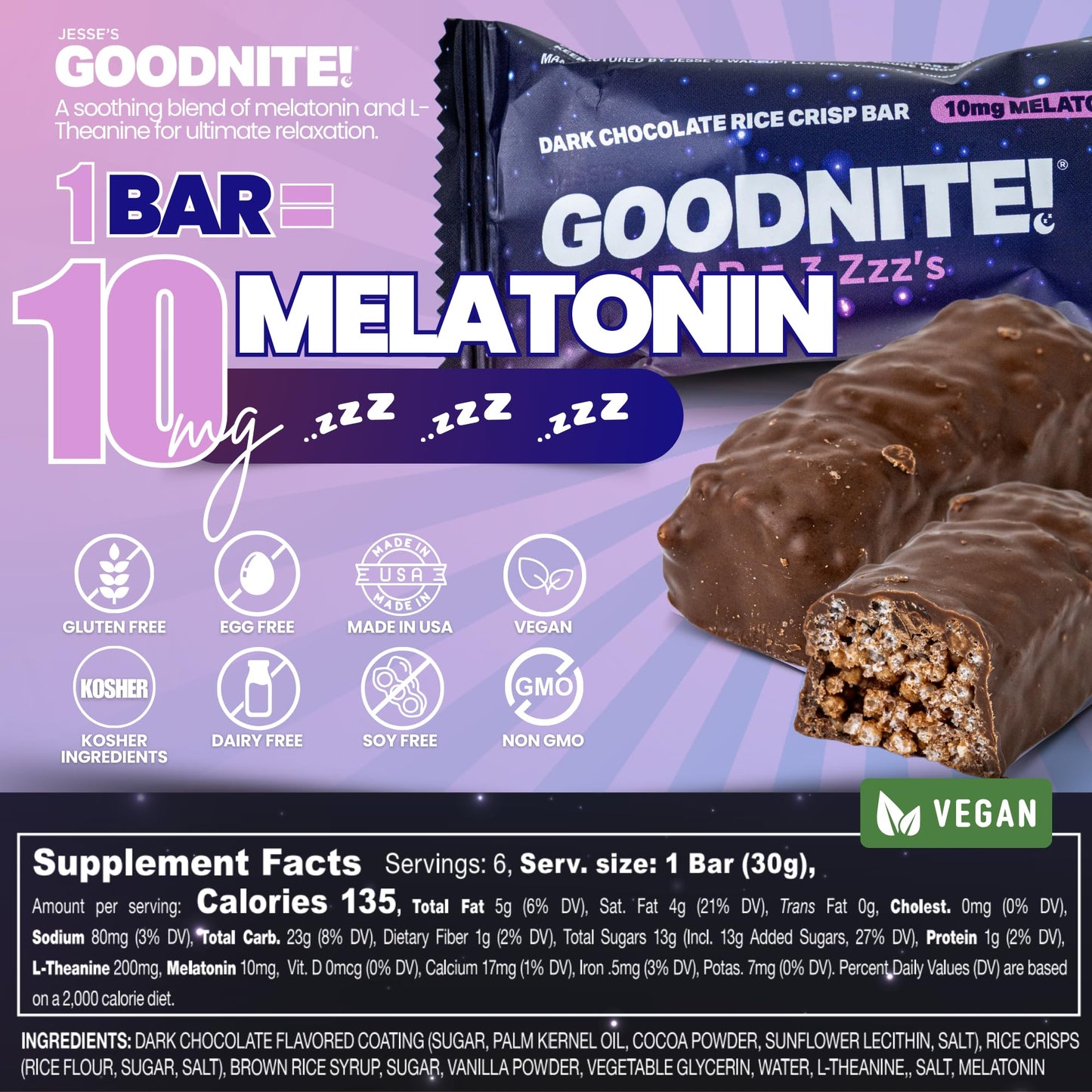 Goodnite! Sleep Bars – “The Lullaby Bar – Sleep Faster, Sleep Better” – Dark Chocolate Protein Sleep Snack With 10Mg Melatonin & L-Theanine – Vegan, Gluten-Free, Kosher – 6 Pack