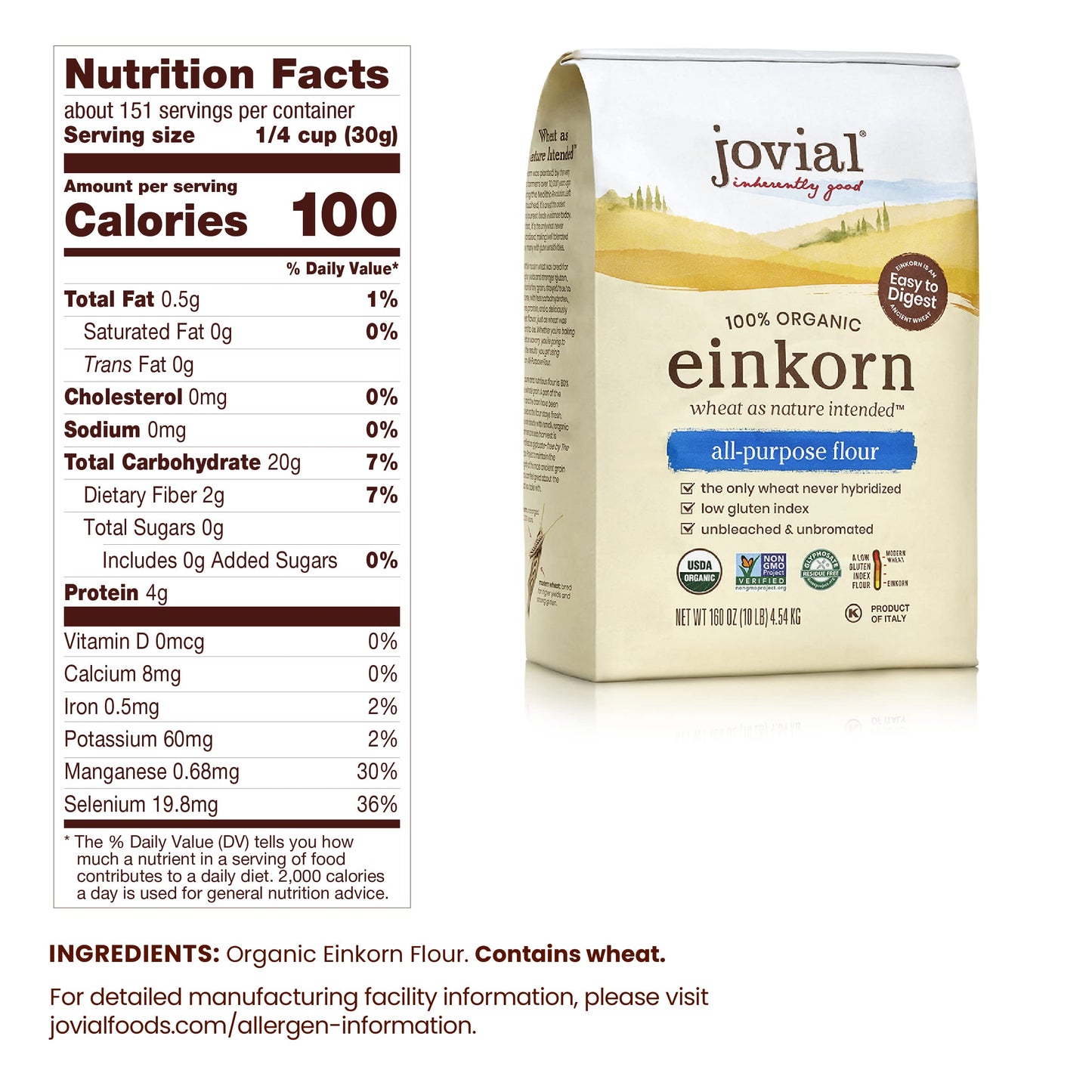Jovial Organic Einkorn All Purpose Flour - High Protein, Non-GMO, 10 Lb