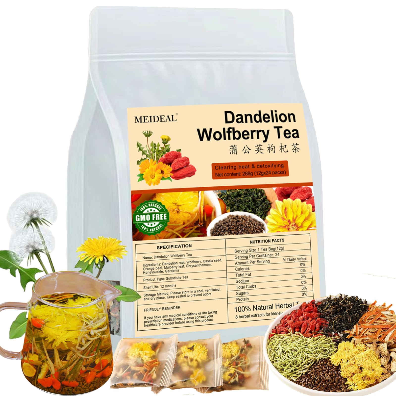 Dandelion Wolfberry Tea  24 Pcs Organic Dandelion Tea For Kidneys & Liver Health  Eight Natural Chinese Herbal Ingredients Blend With Chrysanthemum  Wolfberry  Cassia Seed (288G (12Gx24 Packs)