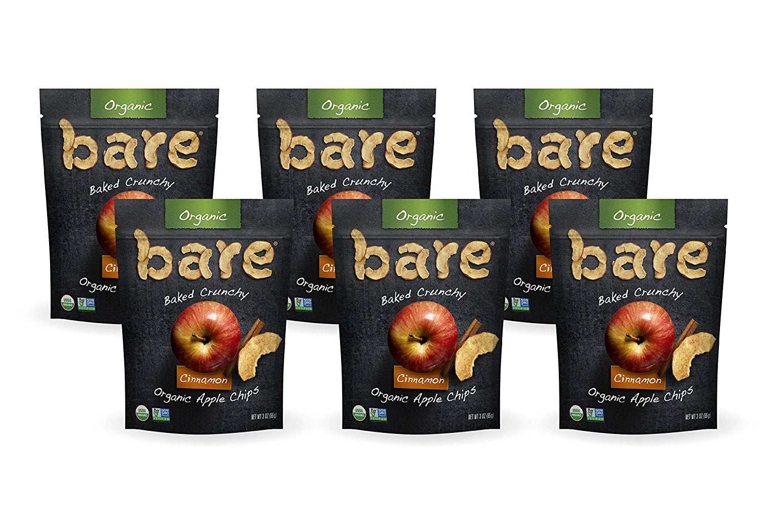 Bare Baked Crunchy Organic Apple Chips, Cinnamon, Gluten Free, 3 Ounce Bag, 6 Count