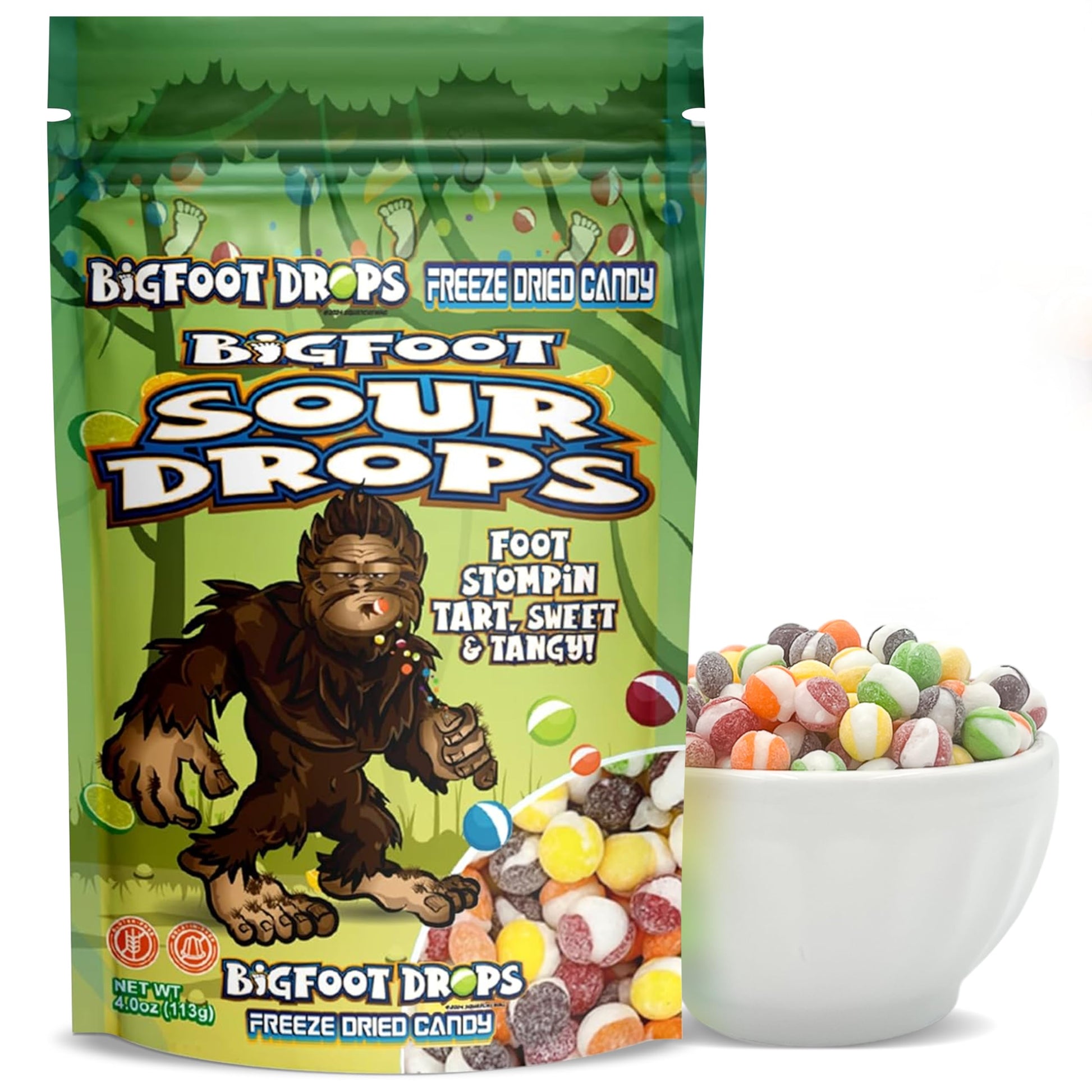 Bigfoot Sour Drops, Freeze Dried Candy, 4 Oz, Assorted Strawberry, Orange, Lemon, Grape, Lime Flavors, Bag Pouch, Ideal Gift Snack