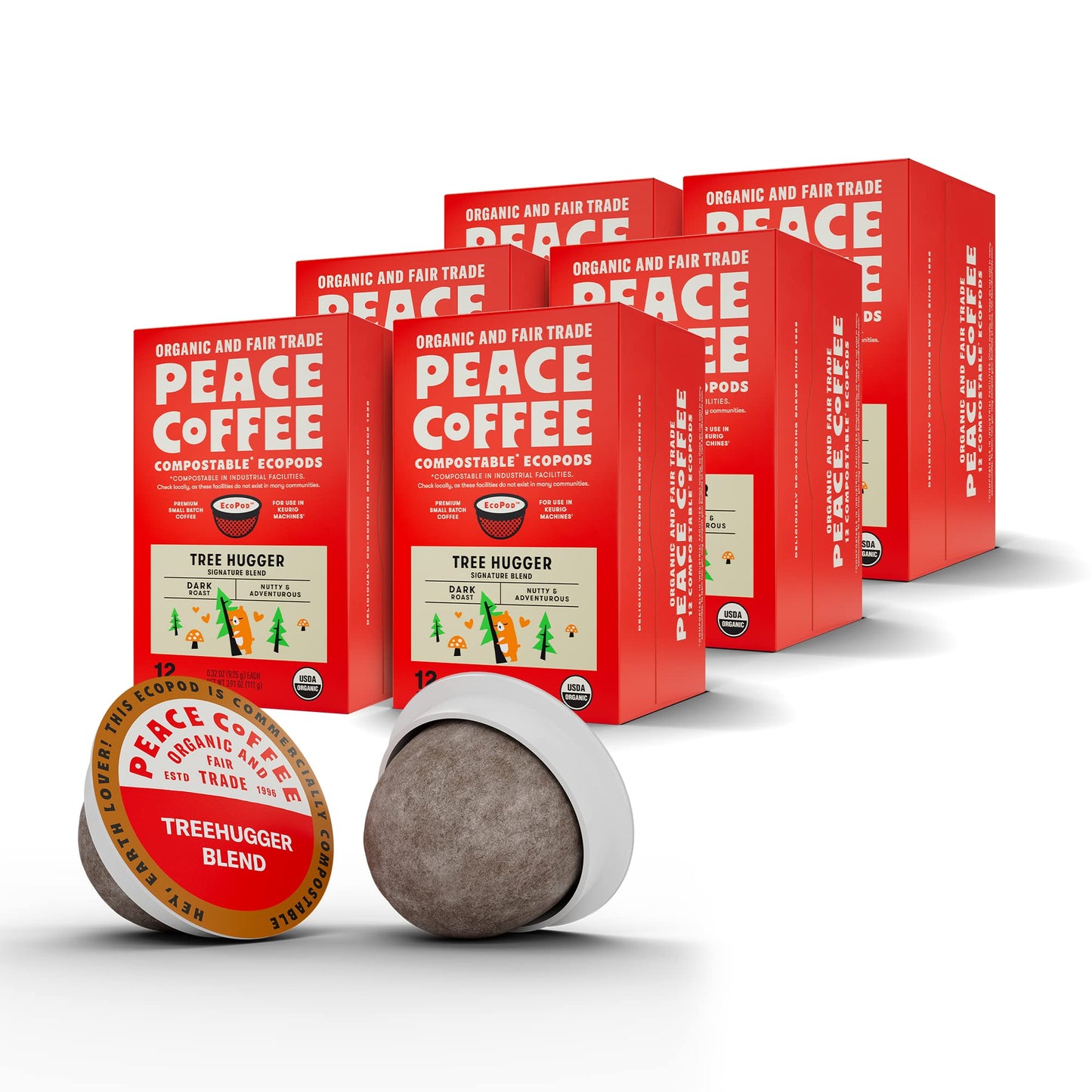 Peace Coffee Tree Hugger Coffee Pods | Signature Blend  Dark Roast | Organic Fair Trade | Shade Grown  Fresh Roasted | 72 Count
