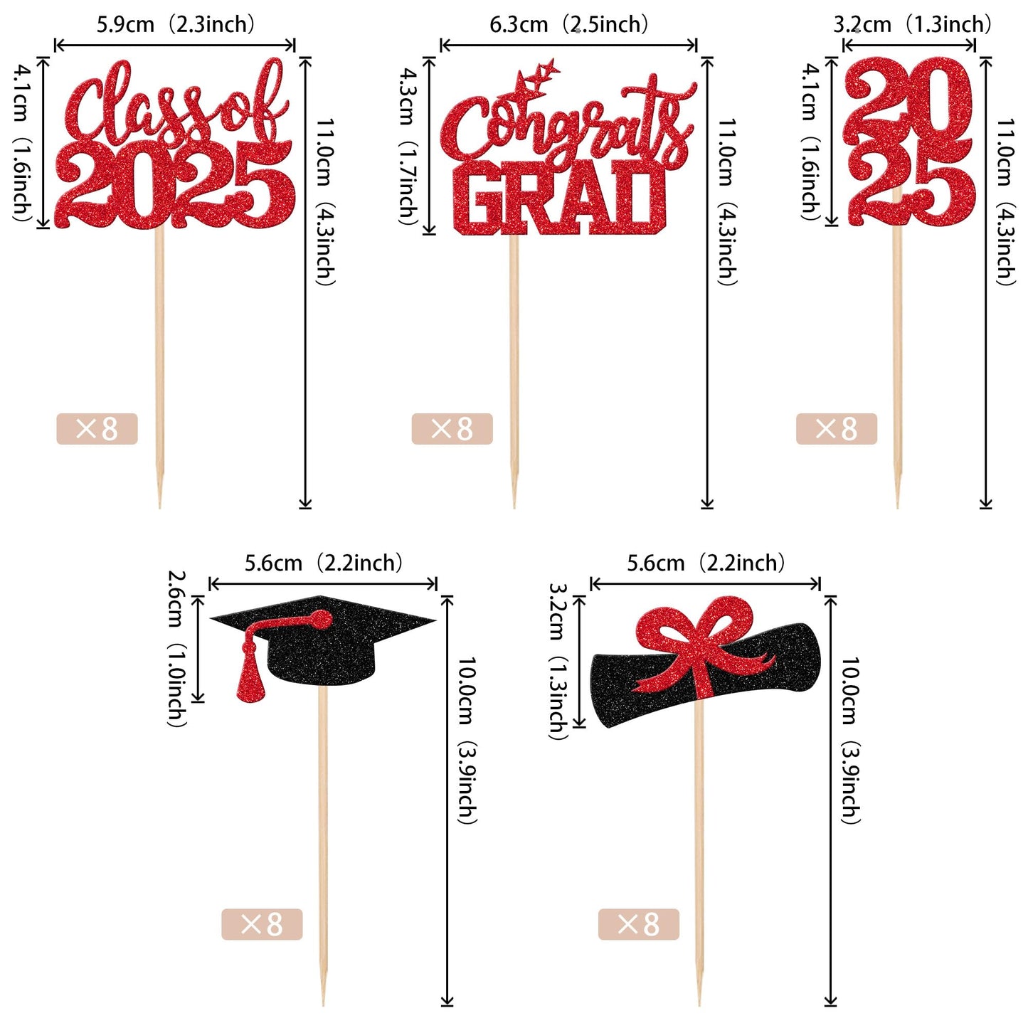 ZHUOWEISM Graduation Cupcake Toppers, 40 PCS Glitter Class of 2025, Red, Paper with Glitter