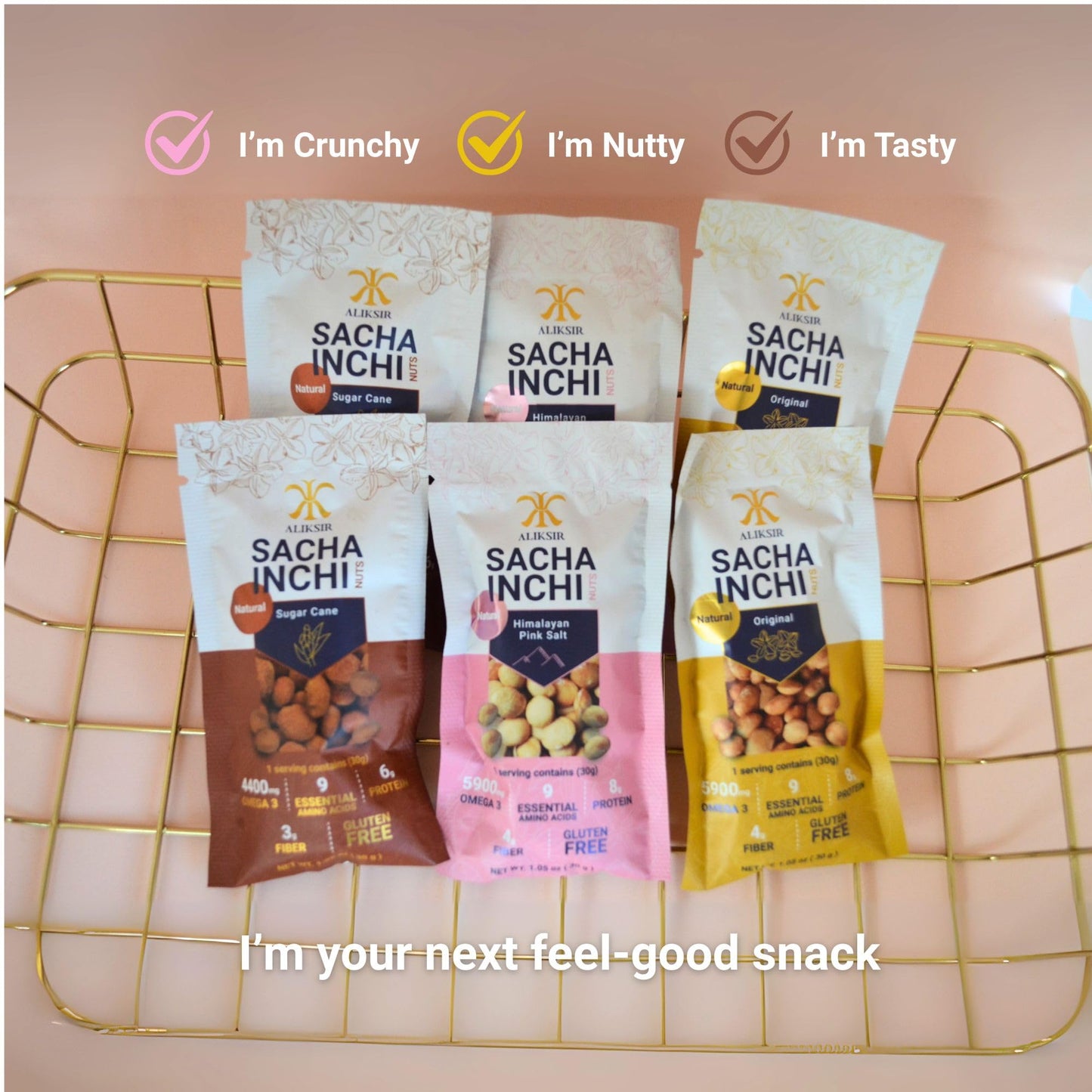 Sacha Inchi Nuts Variety Pack - 6 Snack Packs (30g Each) | High Protein, Omega-3 Superfood, Gluten-Free, 9 Essential Amino Acids