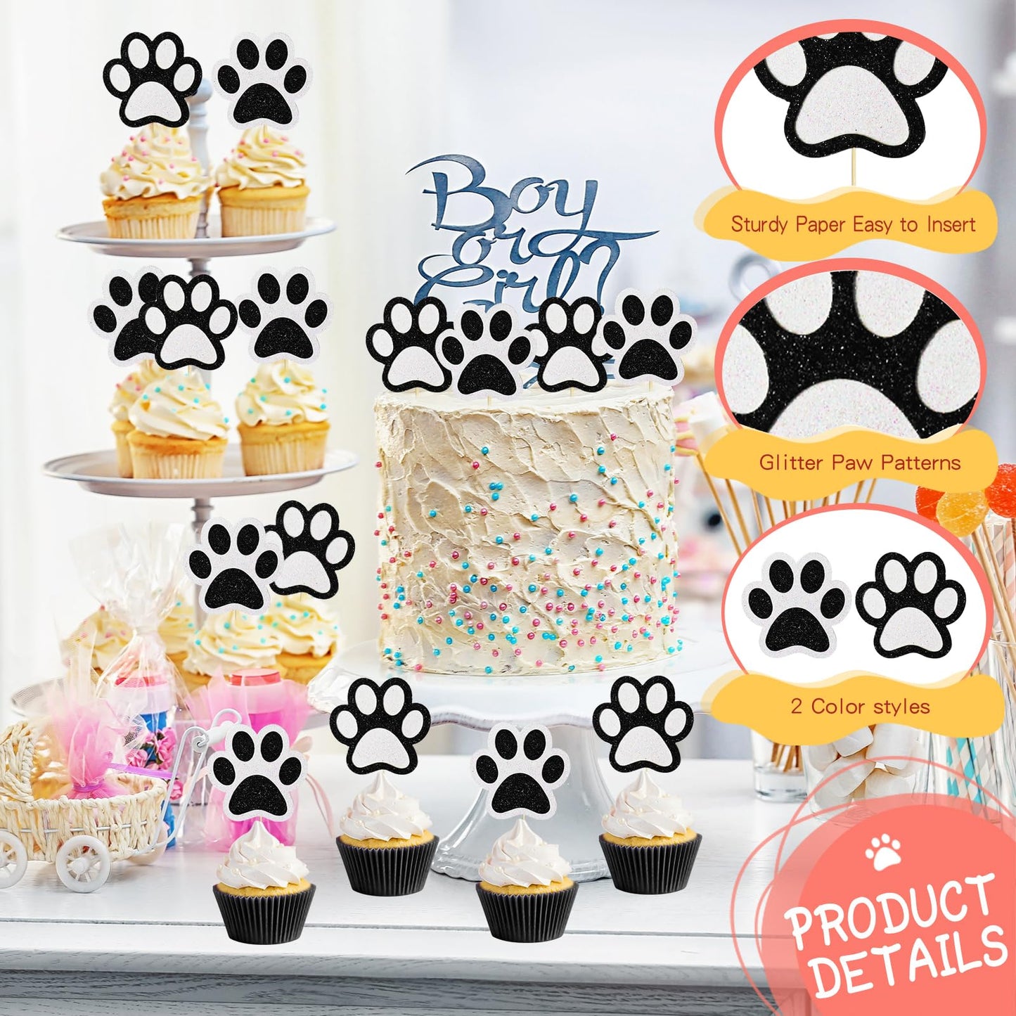 Weecent 36 Pcs Paw Cupcake Toppers Glitter Dog Paw Cake Decorations Black White Glitter Puppy Cupcake Toppers For Baby Shower Bo