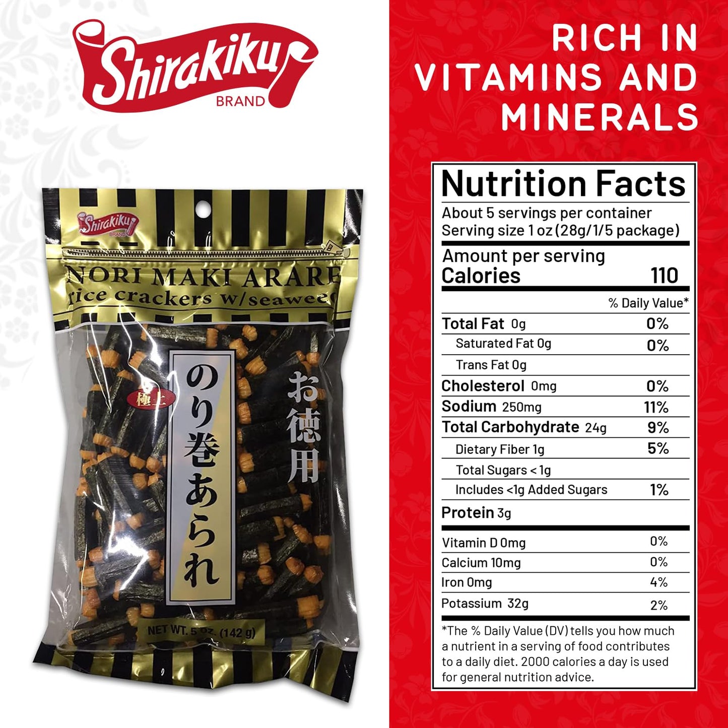 Shirakiku Japanese Nori Maki Arare Rice Crackers With Seaweed  Glutinous Rice Soy Sauce Wheat And Seaweed  Crispy And Savory Cra
