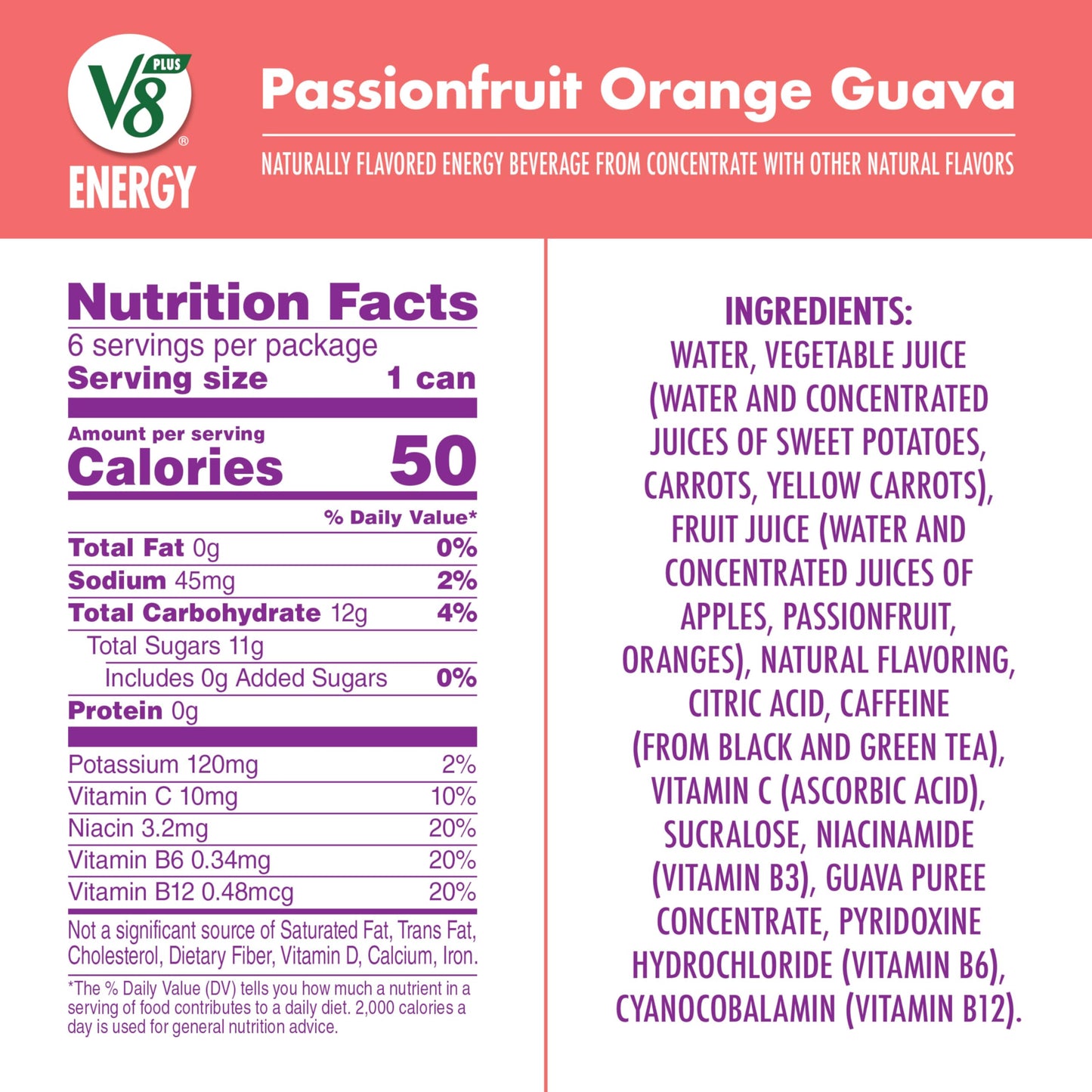 V8 Energy Drink, Passionfruit Orange Guava, 8 fl oz Can, Pack of 6
