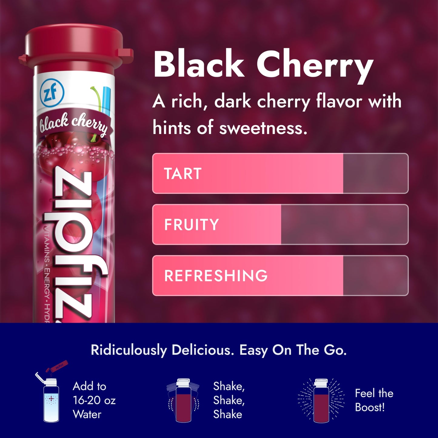 Zipfizz Daily Energy Drink Powder, Sugar-Free, Electrolyte Powder, 20 Pack, Black Cherry, Contains Vitamin B-12 & Antioxidants