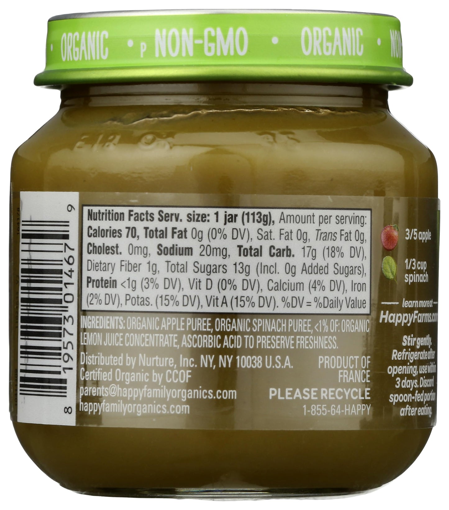 Happy Baby Organic Stage 2 Apples Spinach Baby Food, 4 Oz