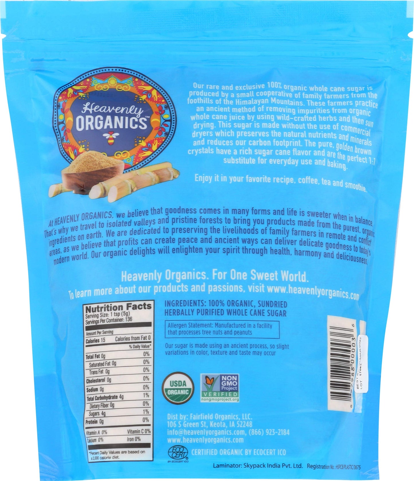 Heavenly Organics Organic Whole Cane Sugar, 20 Ounce, Natural Sweetener