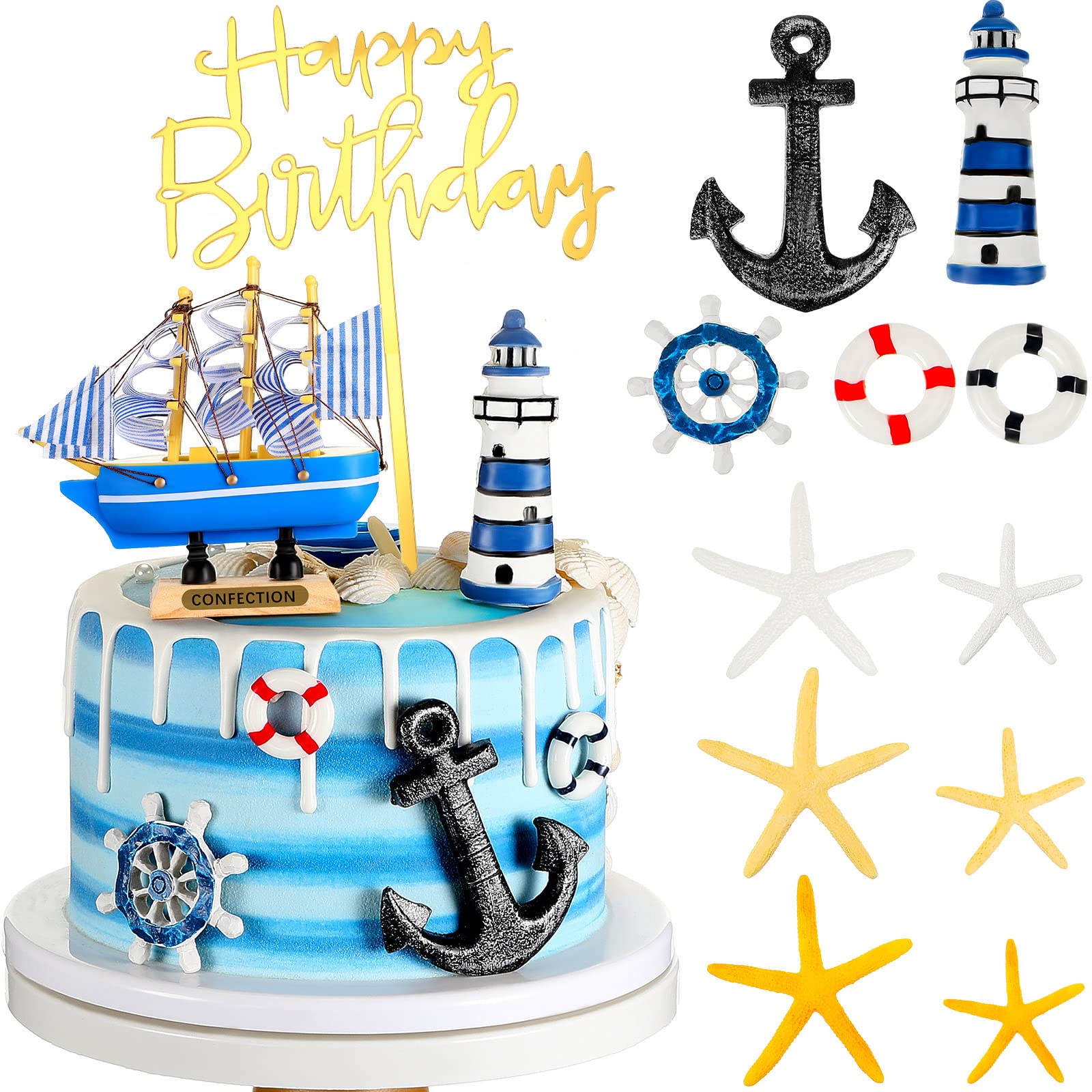 19 Pcs Nautical Cake Topper Pirate Cake Topper Ship Theme Cake Topper Nautical Cupcake Topper Nautical Party Decorations For Bir