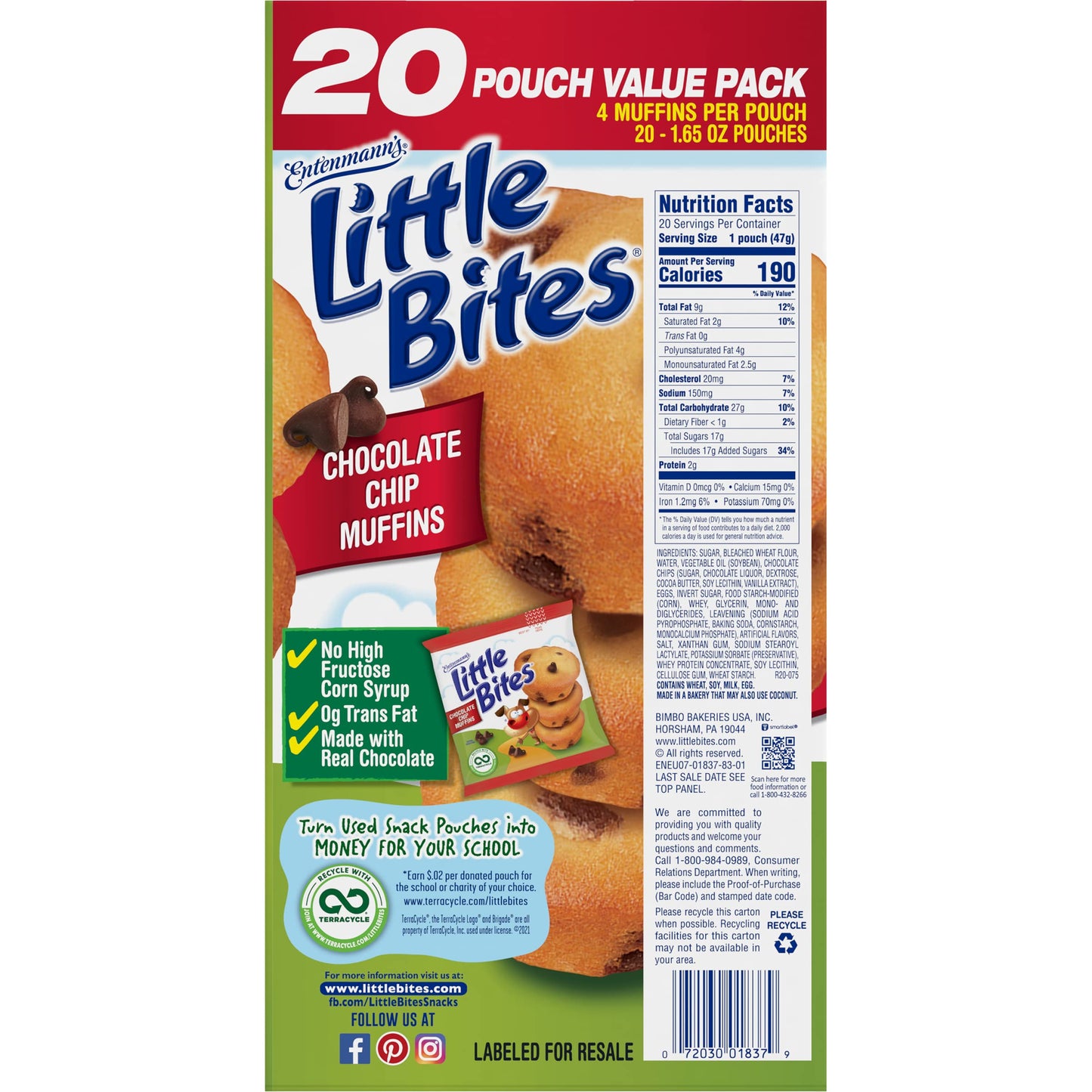 Entenmann'S Little Bites Chocolate Chip (Value Pack) Mini Muffins, 20 Packs, 33 Oz