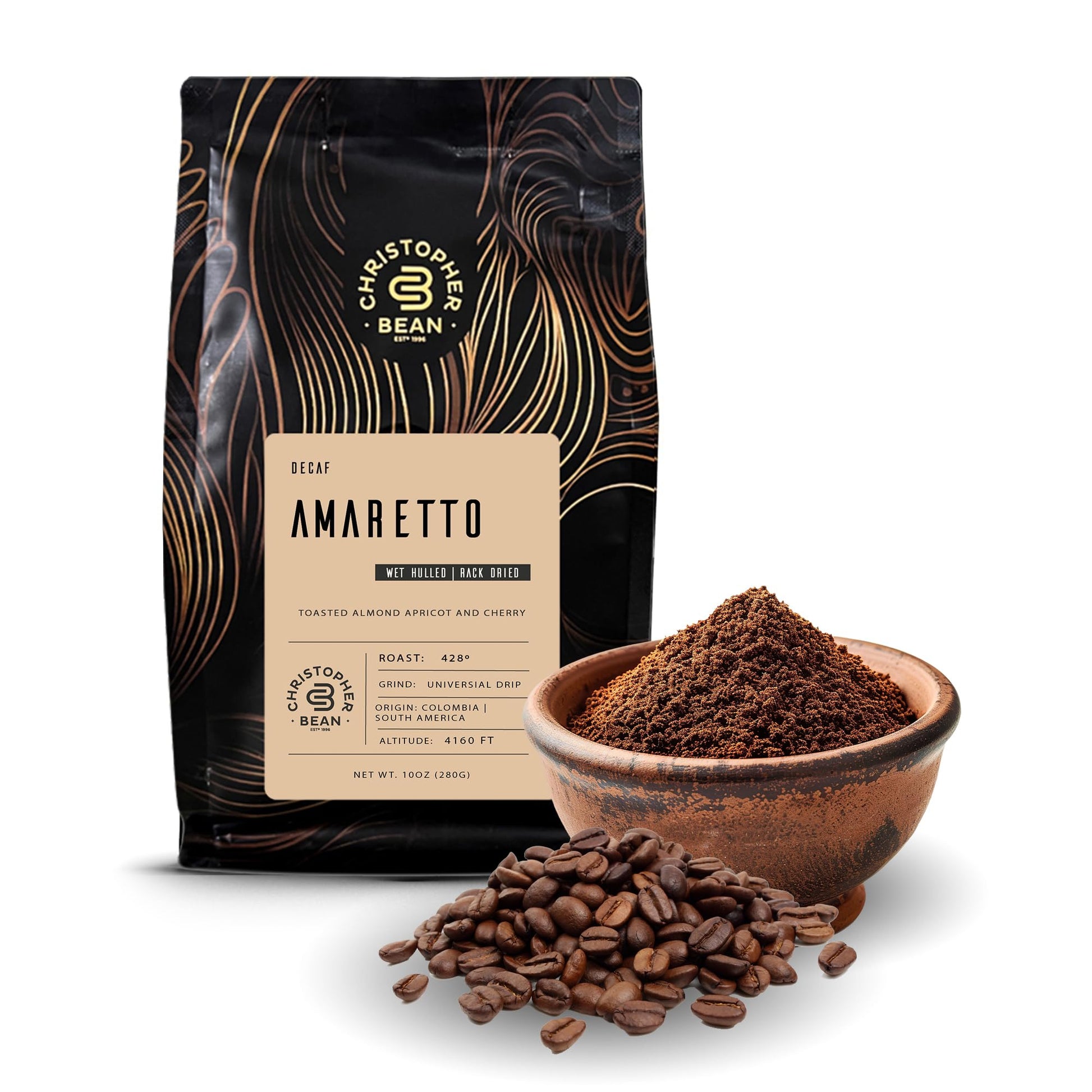 Christopher Bean Coffee - Certified Kosher - Decaf Ground Amaretto Flavored Coffee Medium Roast  Relaxing After Dinner & Drink | Amaretto Coffee 100% Arabica  No Sugar  No Fats  Non-Gmo | 10-Ounce