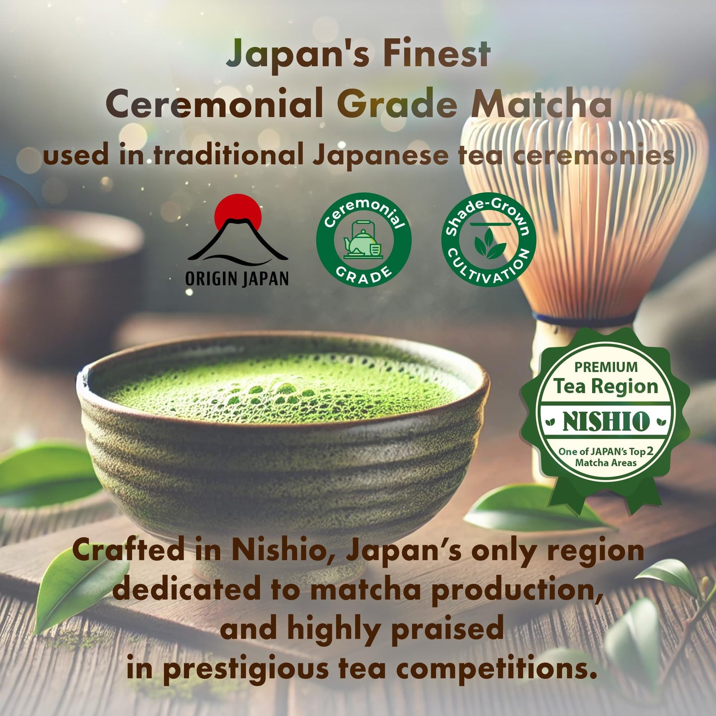 M1  Japans Finest Nishio Ceremonial Grade Matcha Green Tea Powder - Shade-Grown First Flush, Rich In Catechins, Deep Green Col