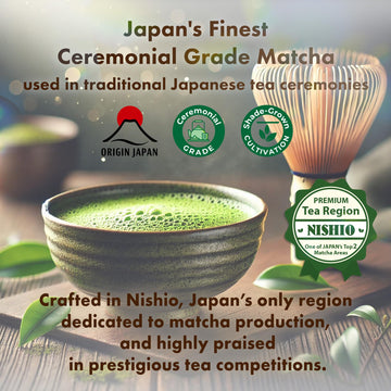 M1  Japans Finest Nishio Ceremonial Grade Matcha Green Tea Powder - Shade-Grown First Flush, Rich In Catechins, Deep Green Col