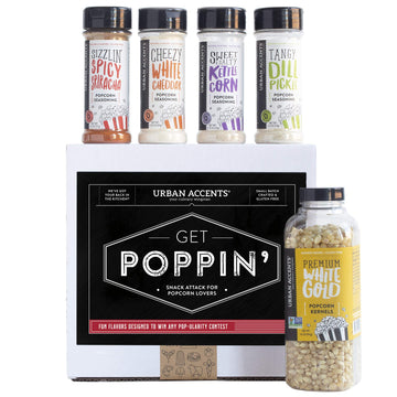 Urban Accents GET POPPIN', Gourmet Popcorn Seasoning Gift Set (Set of 5) - Delicious Non-GMO Popcorn Kernels and 4 Gourmet Popco
