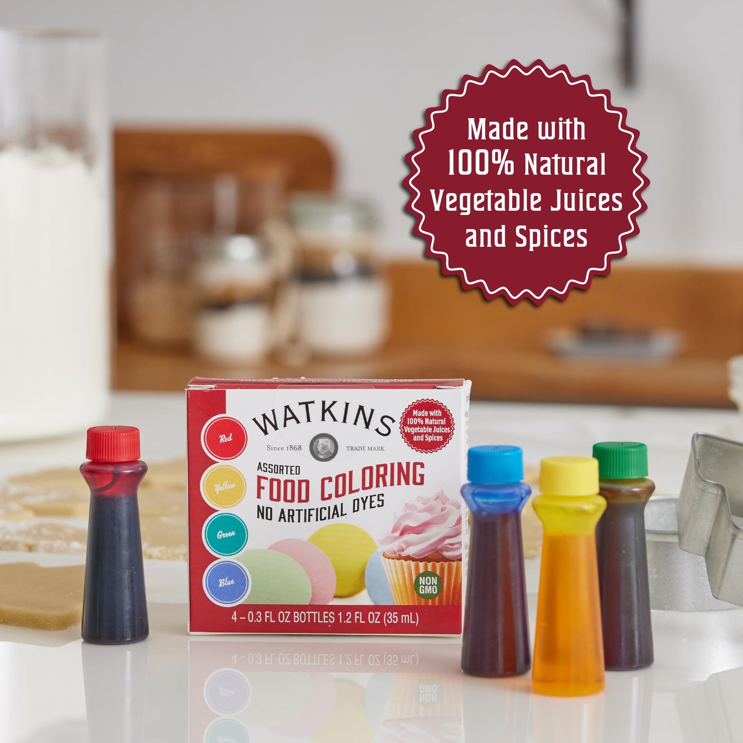 Watkins Assorted Food Coloring, 1 Each Red, Yellow, Green, Blue, Total Four .3 Oz Bottles