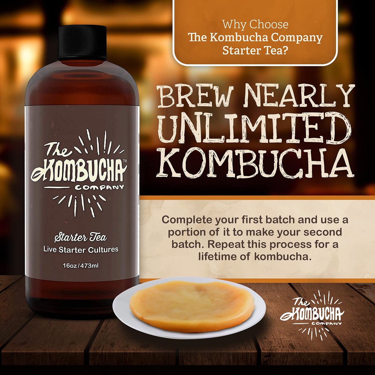 The Kombucha Company Large Kombucha Scoby with 16oz Starter Tea & Brewing Guide - Makes One Gallon at Home