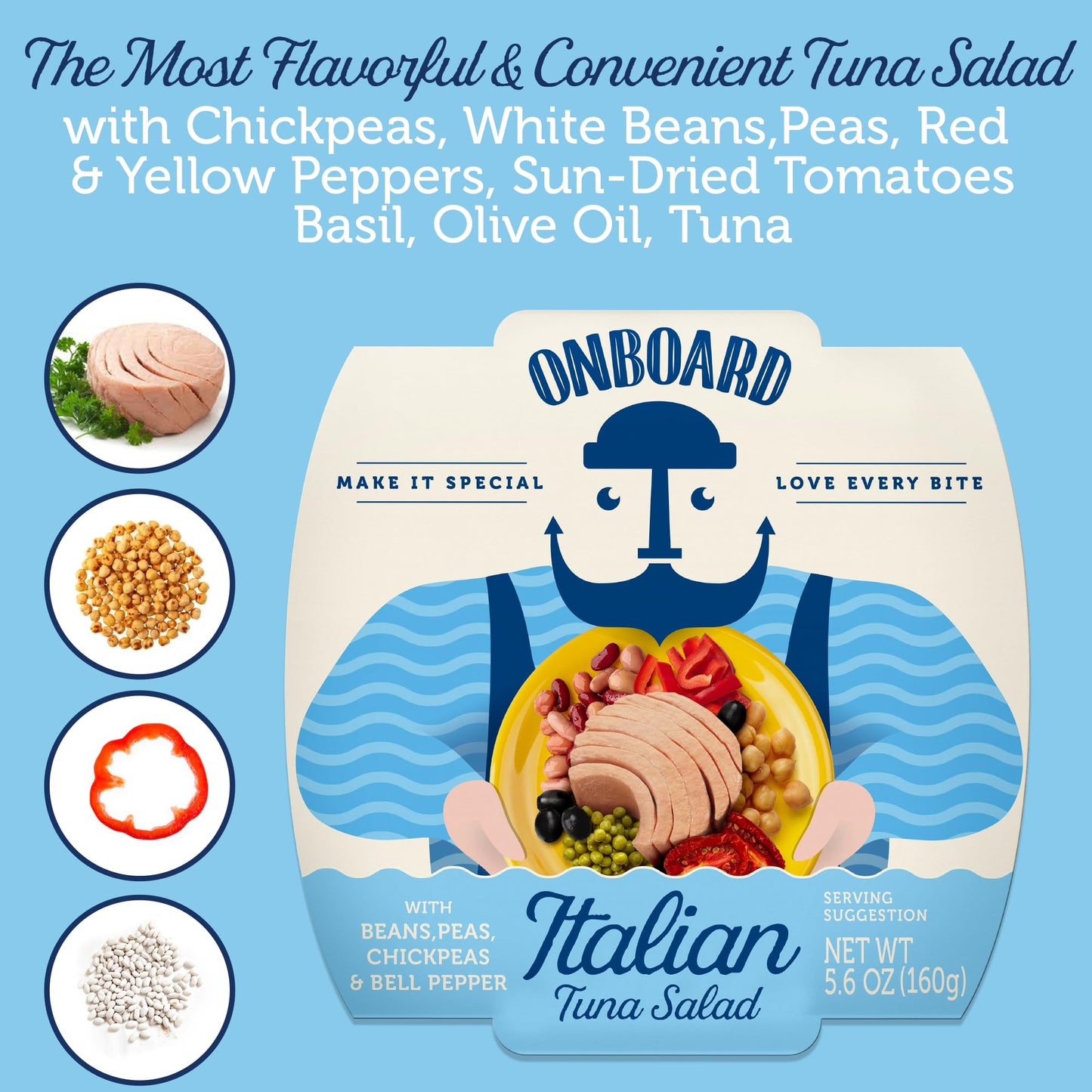 Onboard Ready To Eat Italian Tuna Salad - Tuna Snacks With Beans, Chickpeas, Peas & Peppers - High-Protein Mediterranean Salad (5.64 Oz, Pack Of 6)