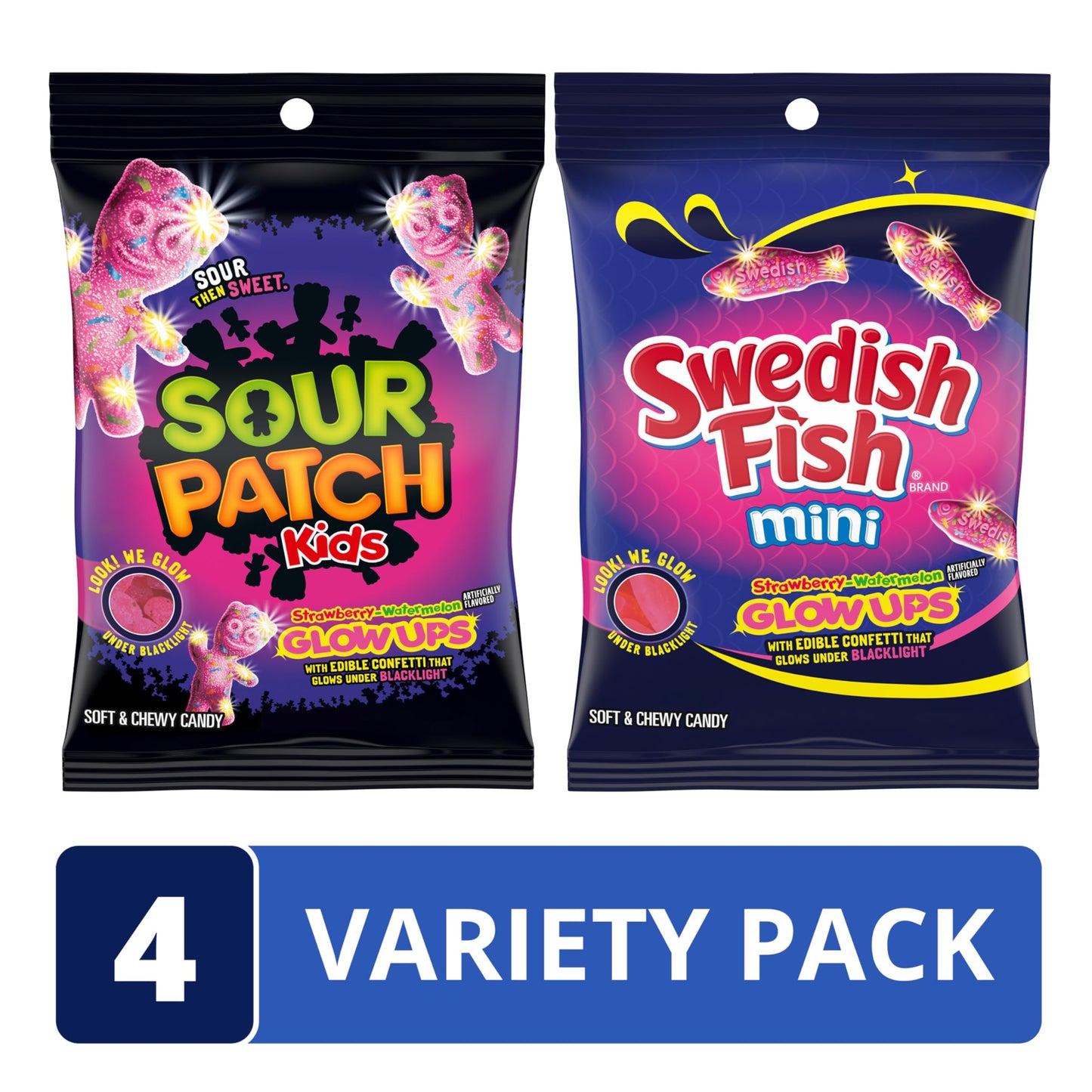 Sour Patch Kids Mini Glow Ups Candy Variety Pack, Strawberry-Watermelon, 4-6.7 oz Bags, Bulk, Soft & Chewy