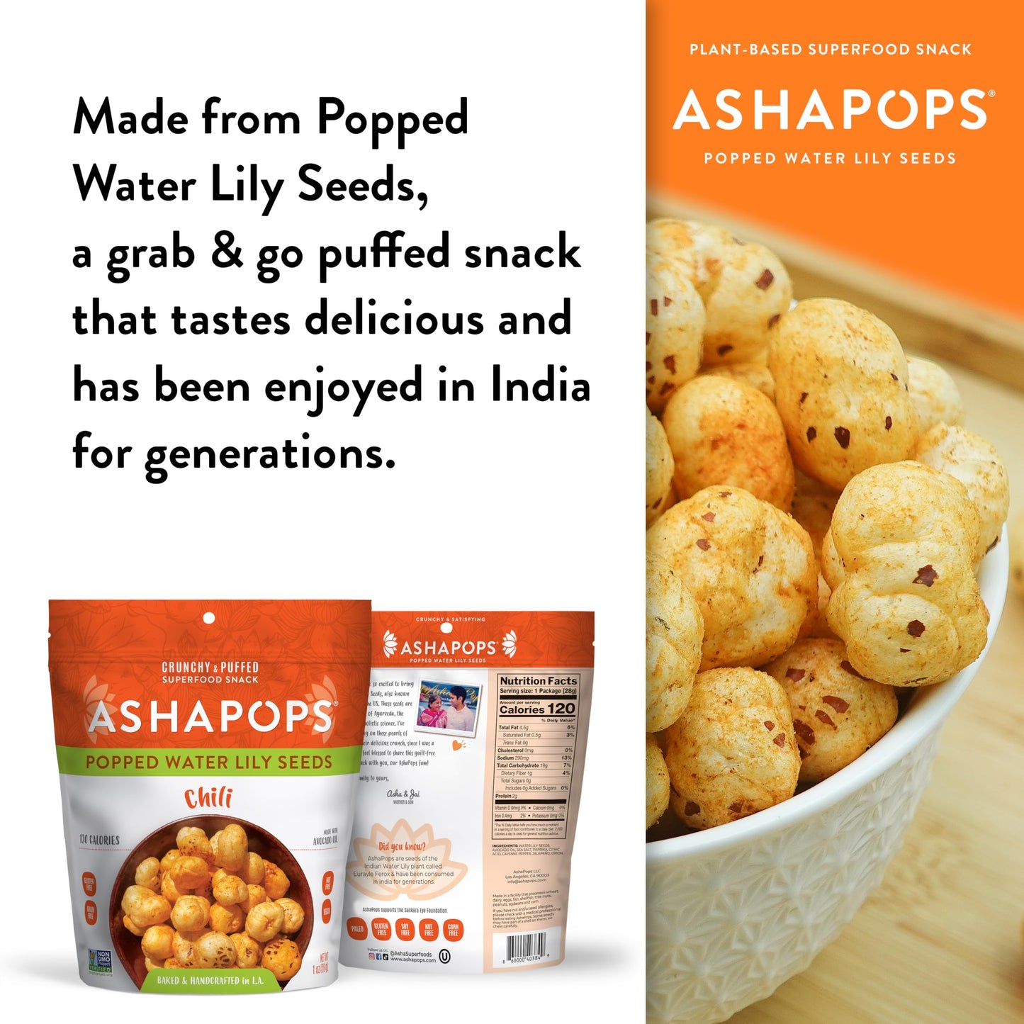 AshaPops Chili Flavored Popped Water Lily Seeds, 1 oz (Pack of 1) - Gluten-Free, Vegan, Paleo, Nut-Free, Corn-Free, Soy-Free, No