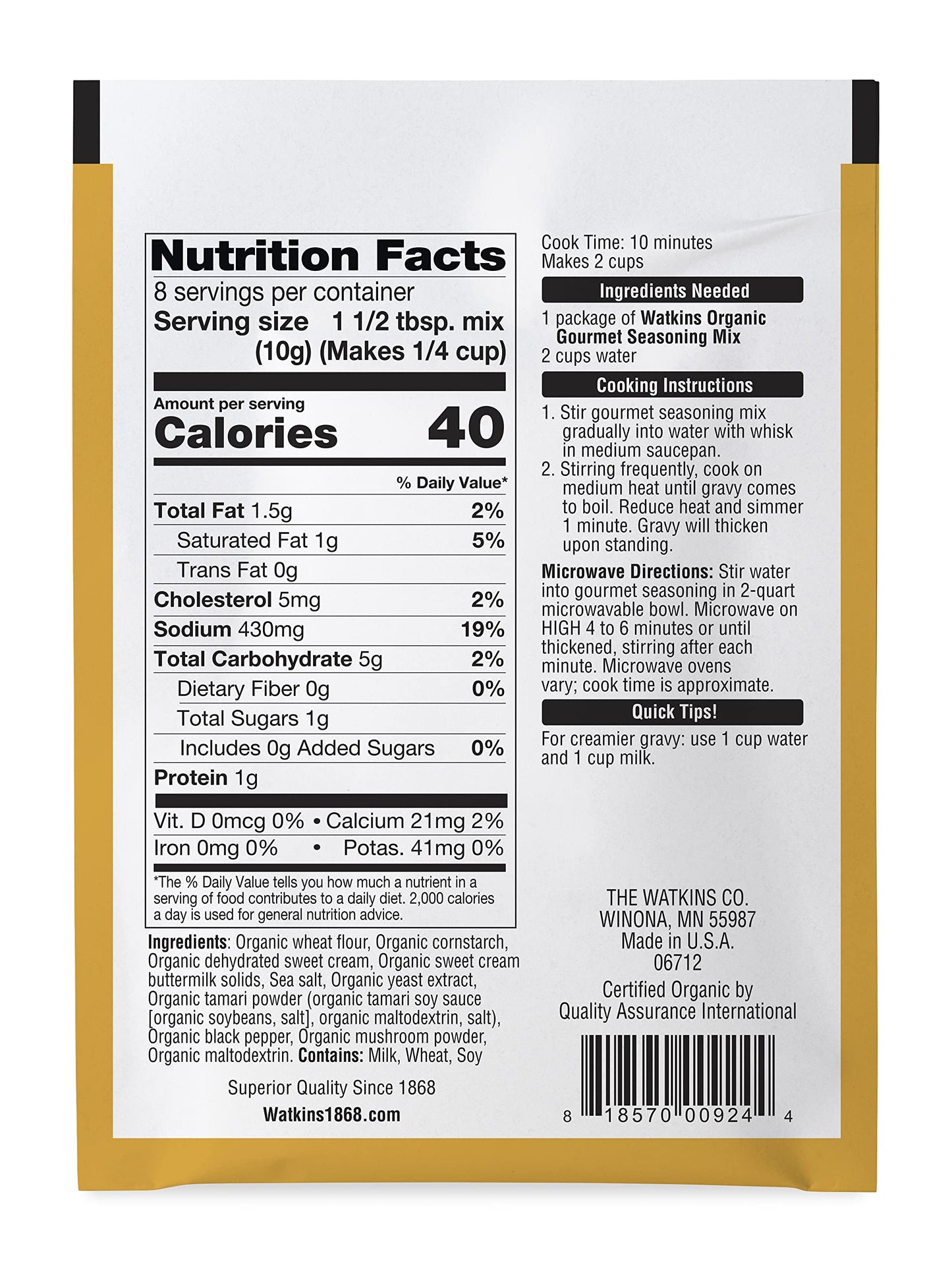 Watkins Organic Gourmet Seasoning Mix, Country Gravy, 2.82 Oz (Pack Of 12)