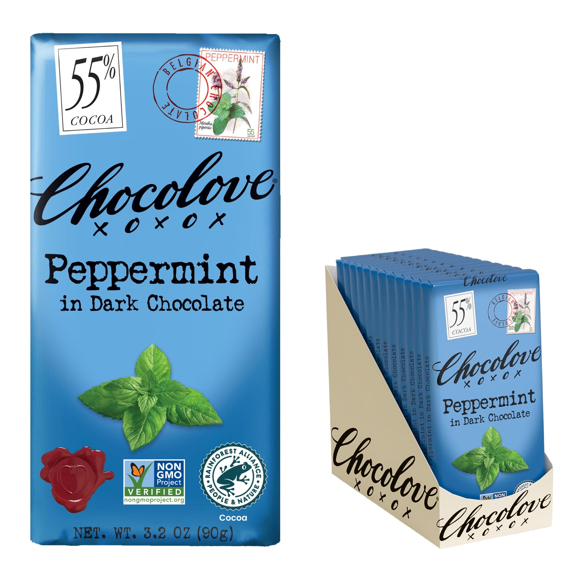 Chocolove Peppermint Dark Chocolate Bars | 55% Cocoa | Crafted In Semi-Sweet Belgian Chocolate | Non Gmo  Rainforest Alliance Certified  3.2Oz Bar (12 Pack)