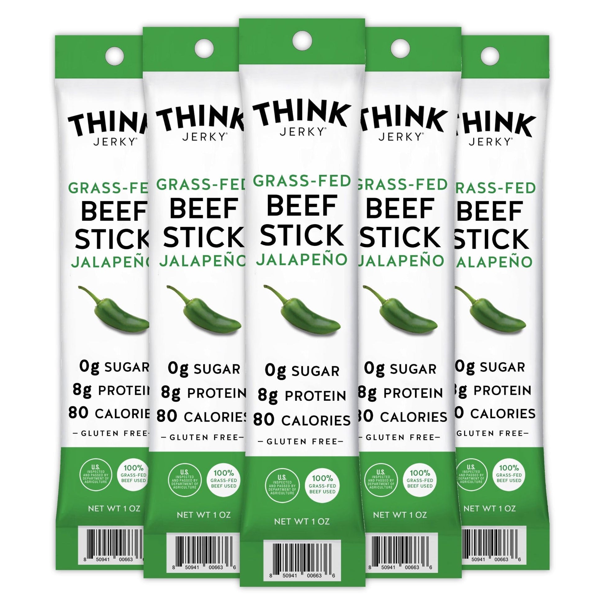 Think Jerky  Jalapeno Grass-Fed Beef Sticks 1 Ounce (Pack Of 5) - Sugar Free  Gluten Free  No Nitrates  Keto Friendly  Paleo  High Protein  Low Carb