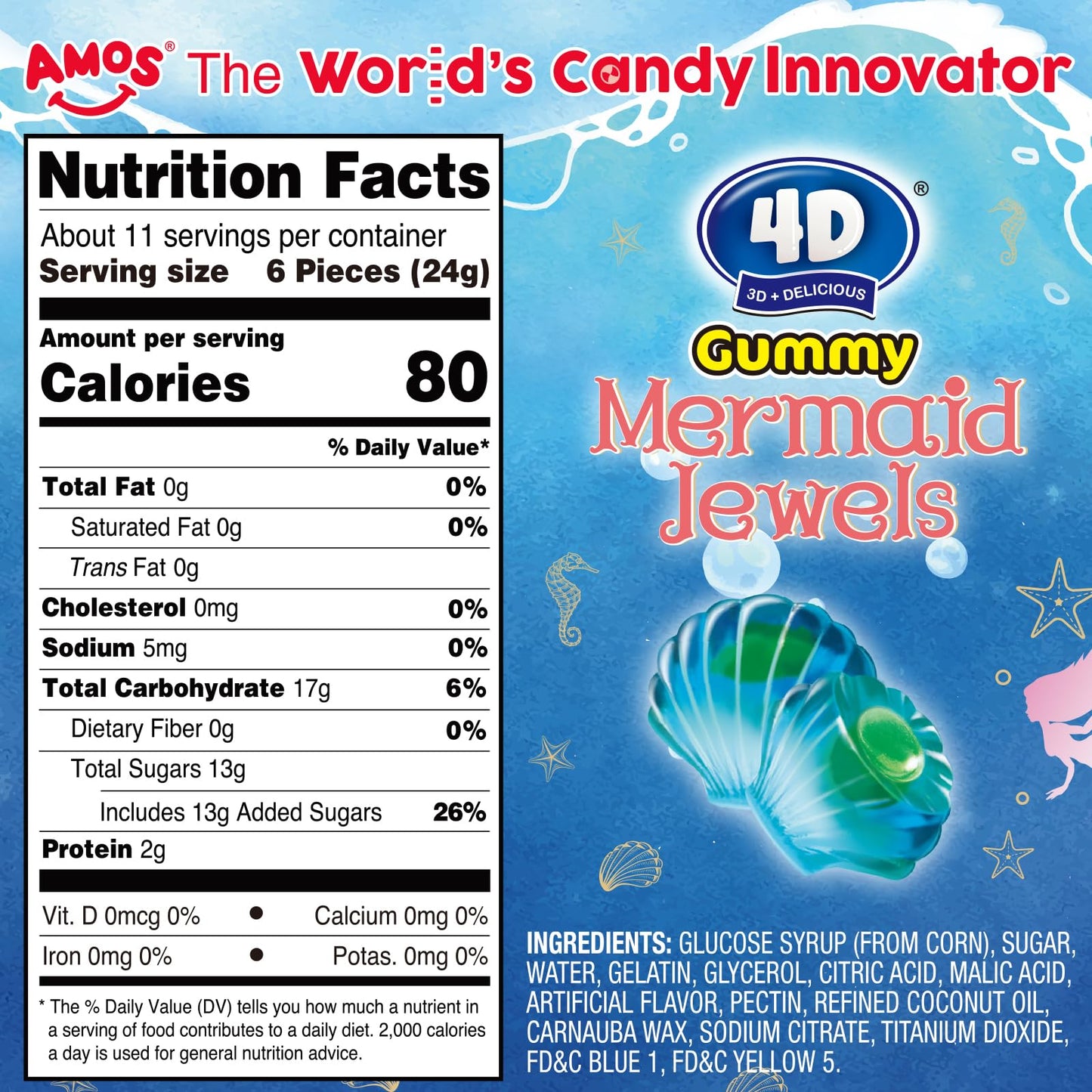 Amos 4D Mermaid Gummy Candy, Blue Raspberry, 9oz Individually Wrapped Mini Packs, Soft Jelly-Filled Seashell