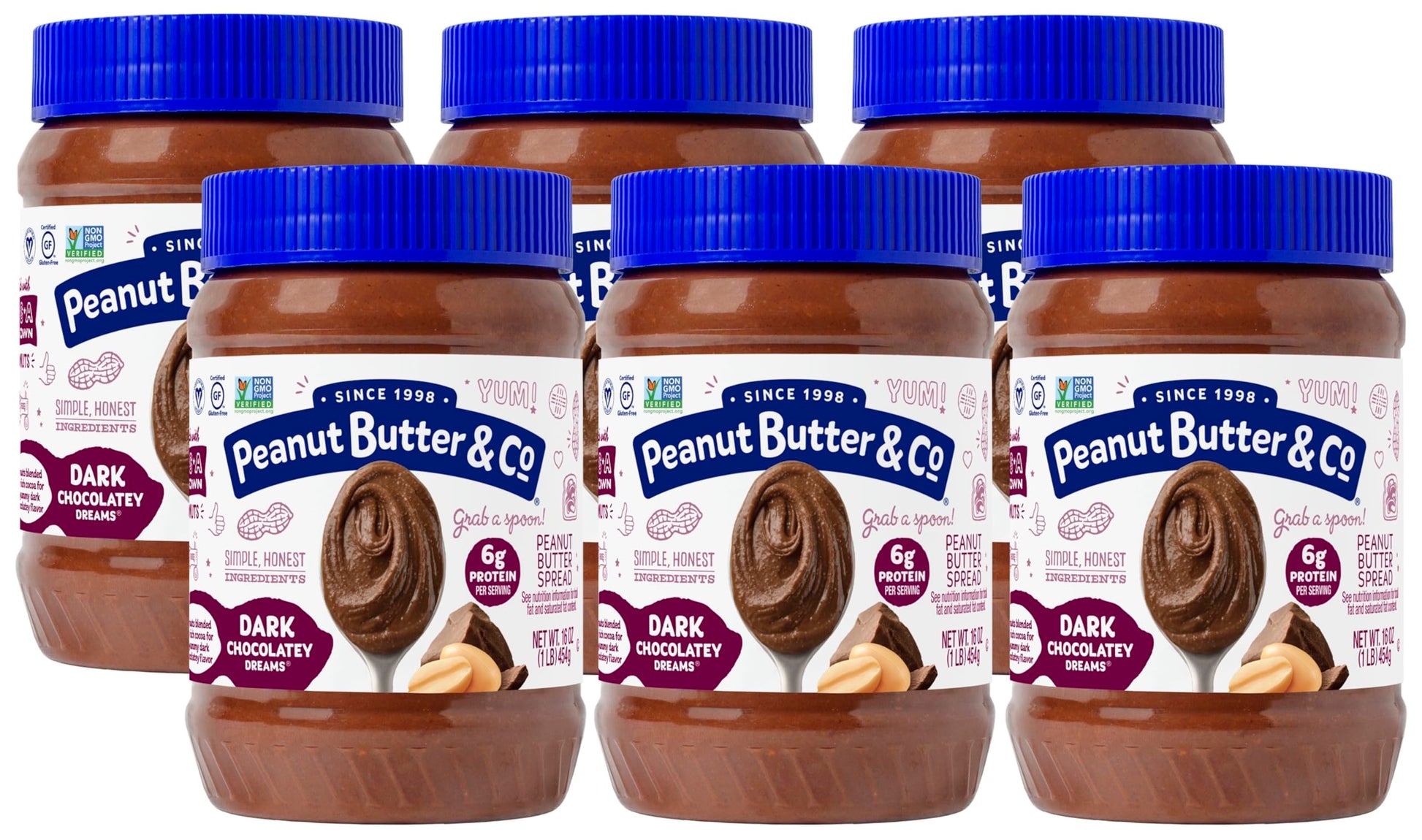 Peanut Butter & Co. Dark Chocolatey Dreams Peanut Butter, Non-GMO Project Verified, Gluten Free, Vegan, 16 Ounce (Pack of 6)