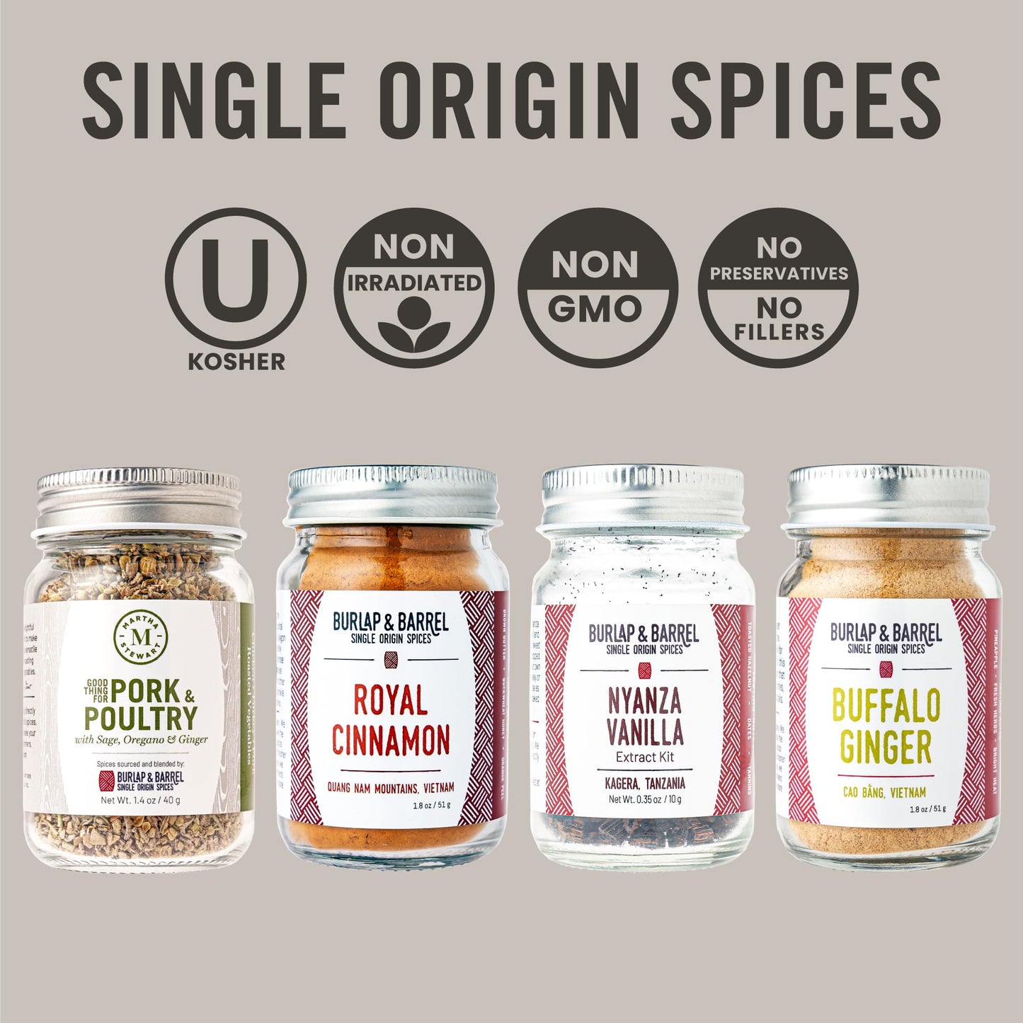 Martha Stewart 4-Spice Gift Set - Marthas Essential Baking Spices And Her Savory Pork & Poultry Seasoning - For Cooking & Baking - Cinnamon, Vanilla & More - Kitchen Gift For Cooks - 4 Full Size Jars