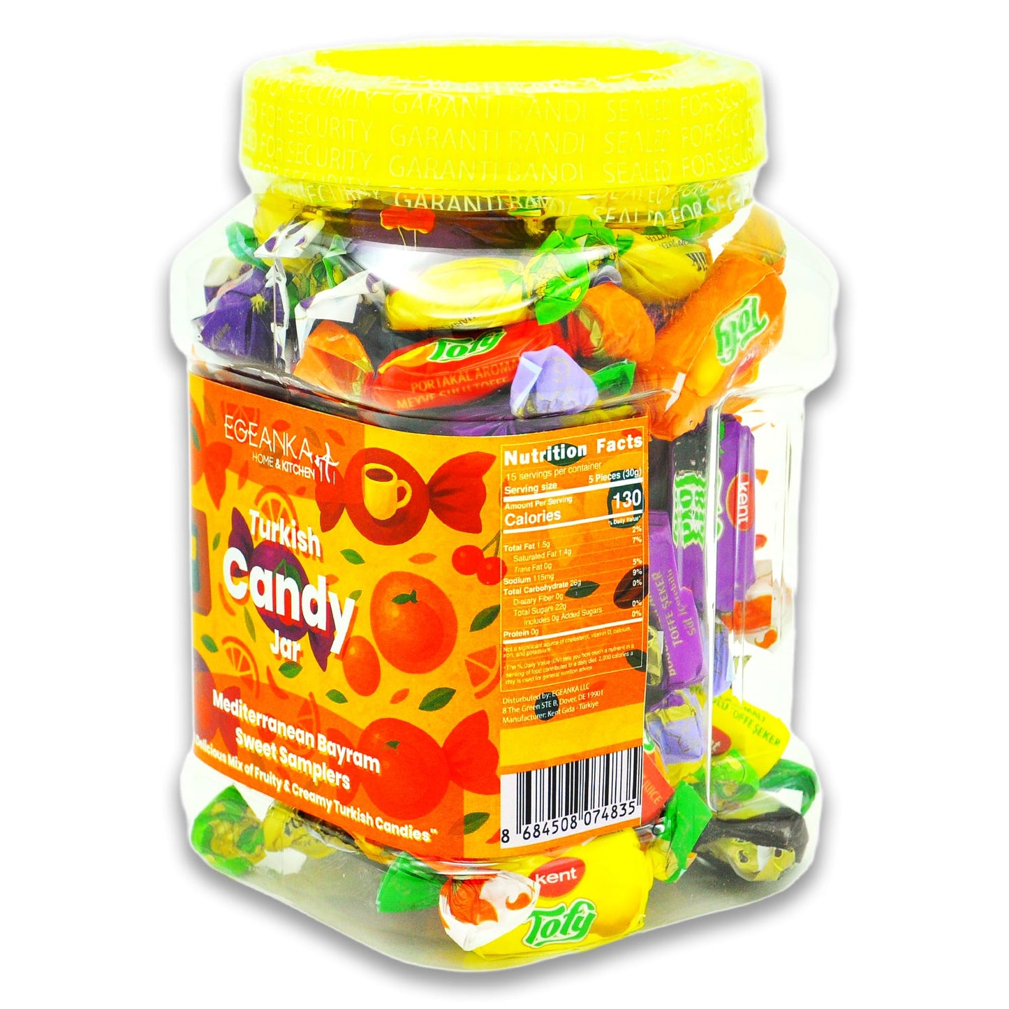 Egeanka Turkish Candy Jar, Mediterranean Bayram Sweet Samplers, Assorted Fruity and Creamy Halal Candies, 1 Pound