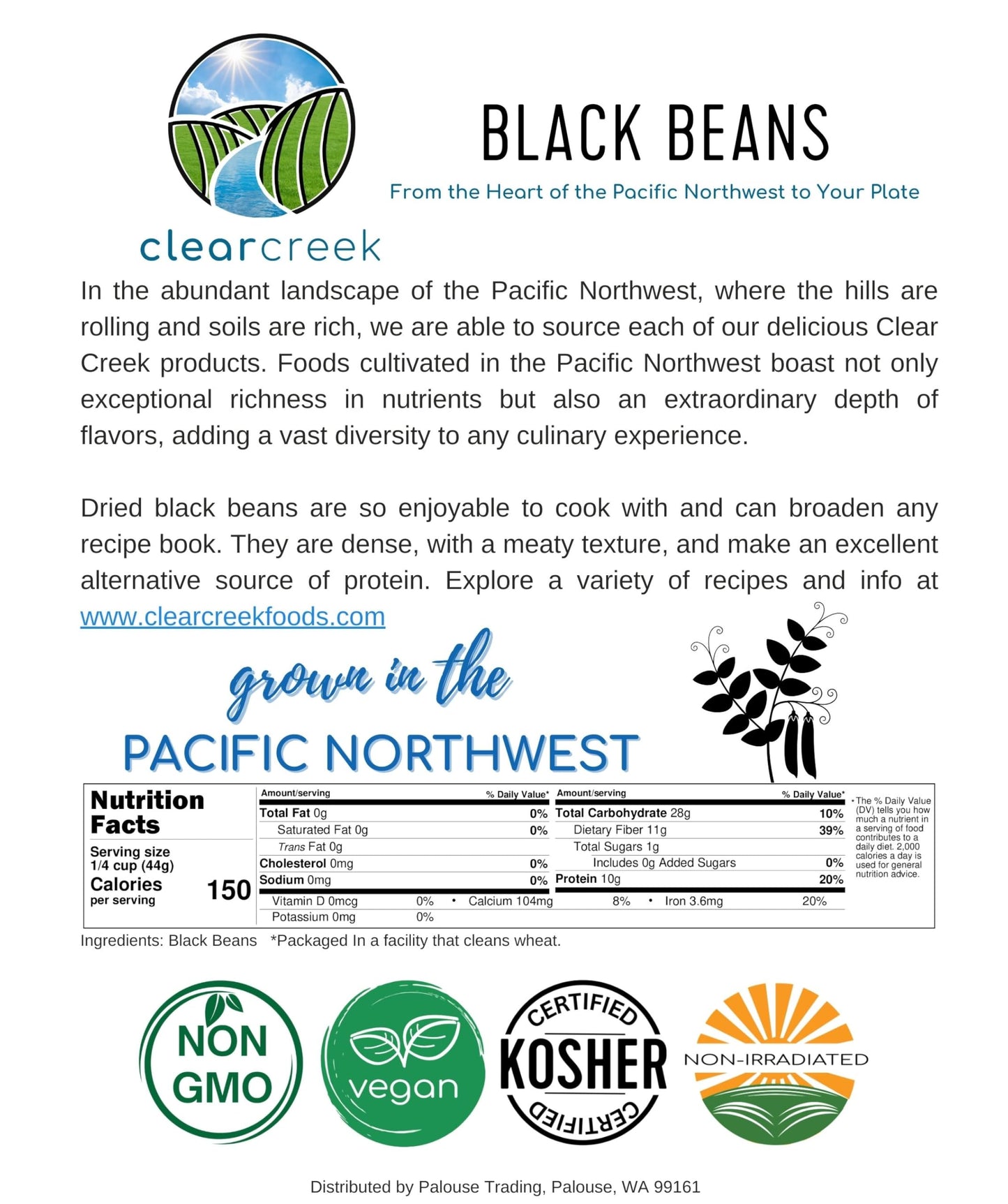 Washington State Black Beans | 1 Lb Resealable Bag | Non-Gmo | Vegan | Kosher | Non-Irradiated | Dry Black Beans | Frijoles Negr
